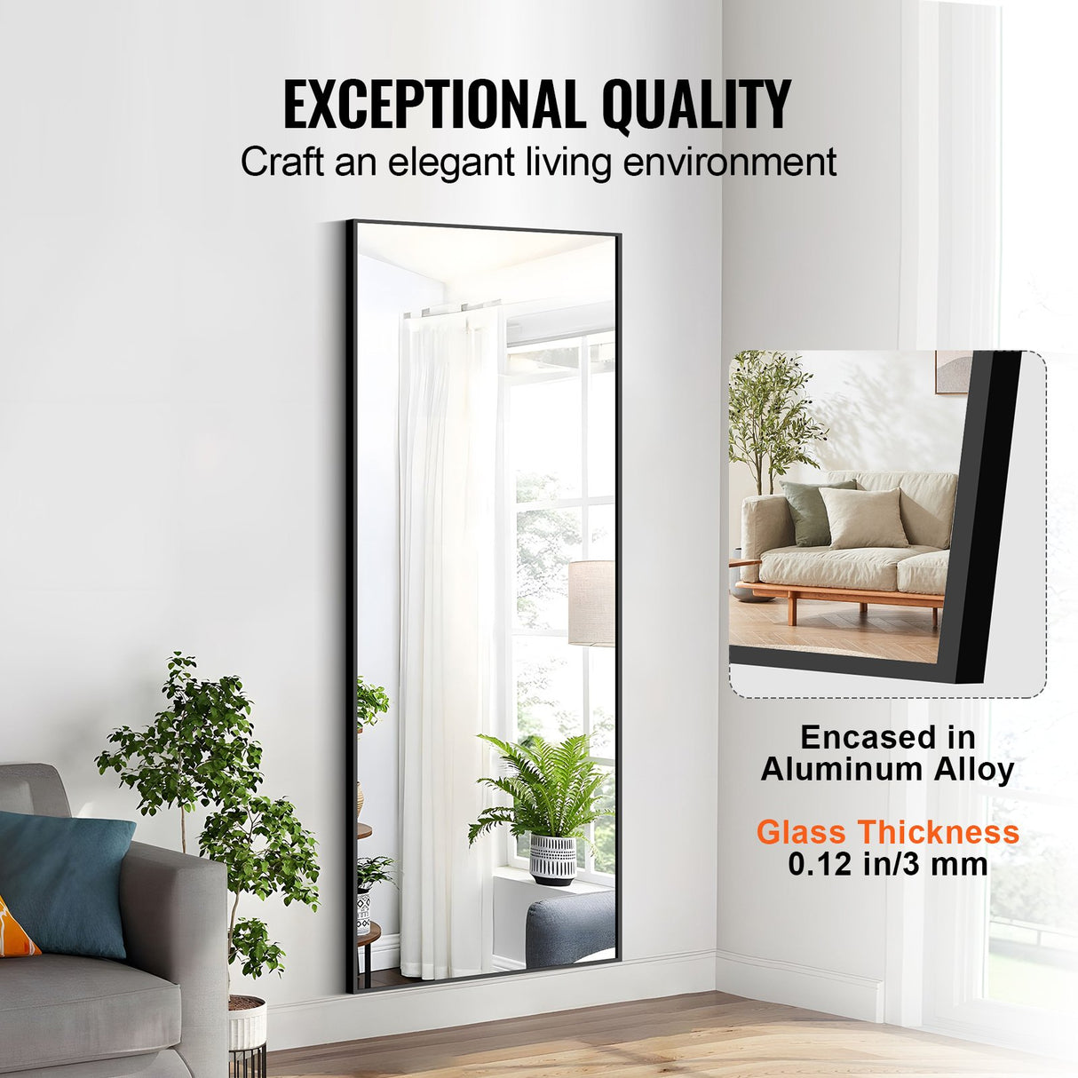 VEVOR Full Length Mirror, 1800x785 mm, Extra Large Standing Hanging or Leaning Rectangle Floor Mirror with Tempered Glass Aluminum Alloy Frame, Full Body Dressing Mirror for Living Room Bedroom, Black