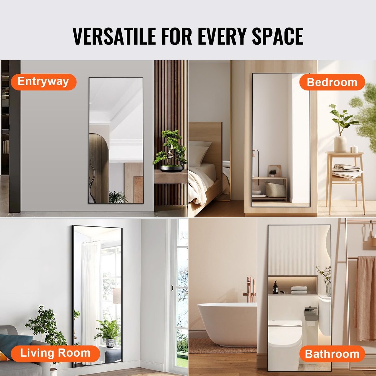 VEVOR Full Length Mirror, 1800x785 mm, Extra Large Standing Hanging or Leaning Rectangle Floor Mirror with Tempered Glass Aluminum Alloy Frame, Full Body Dressing Mirror for Living Room Bedroom, Black