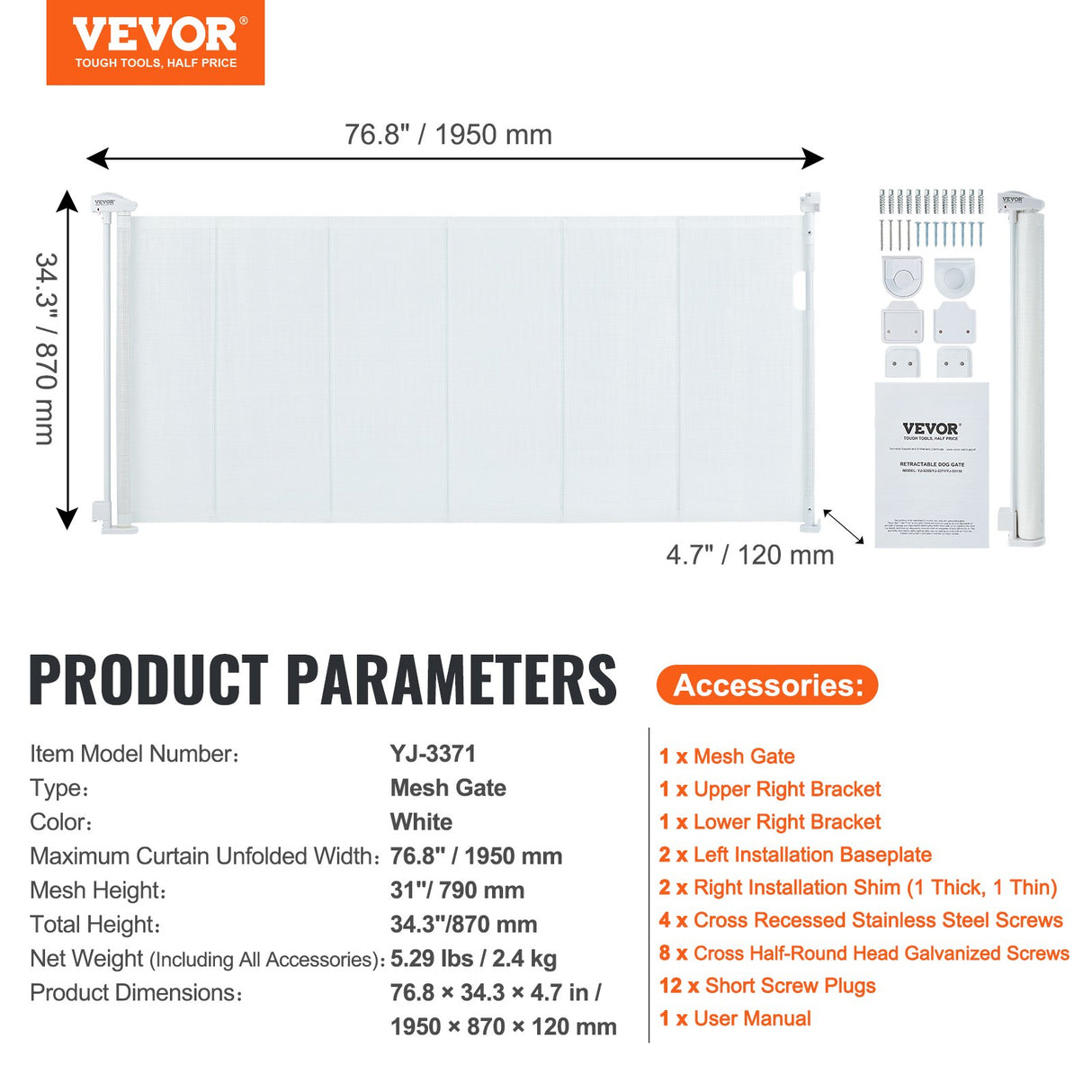 VEVOR Retractable Baby Gate, 34.2" Tall Mesh Baby Gate, Extends up to 76.8" Wide Retractable Gate for Kids or Pets, Retractable Dog Gates for Indoor Stairs, Doorways, Hallways, Playrooms, White
