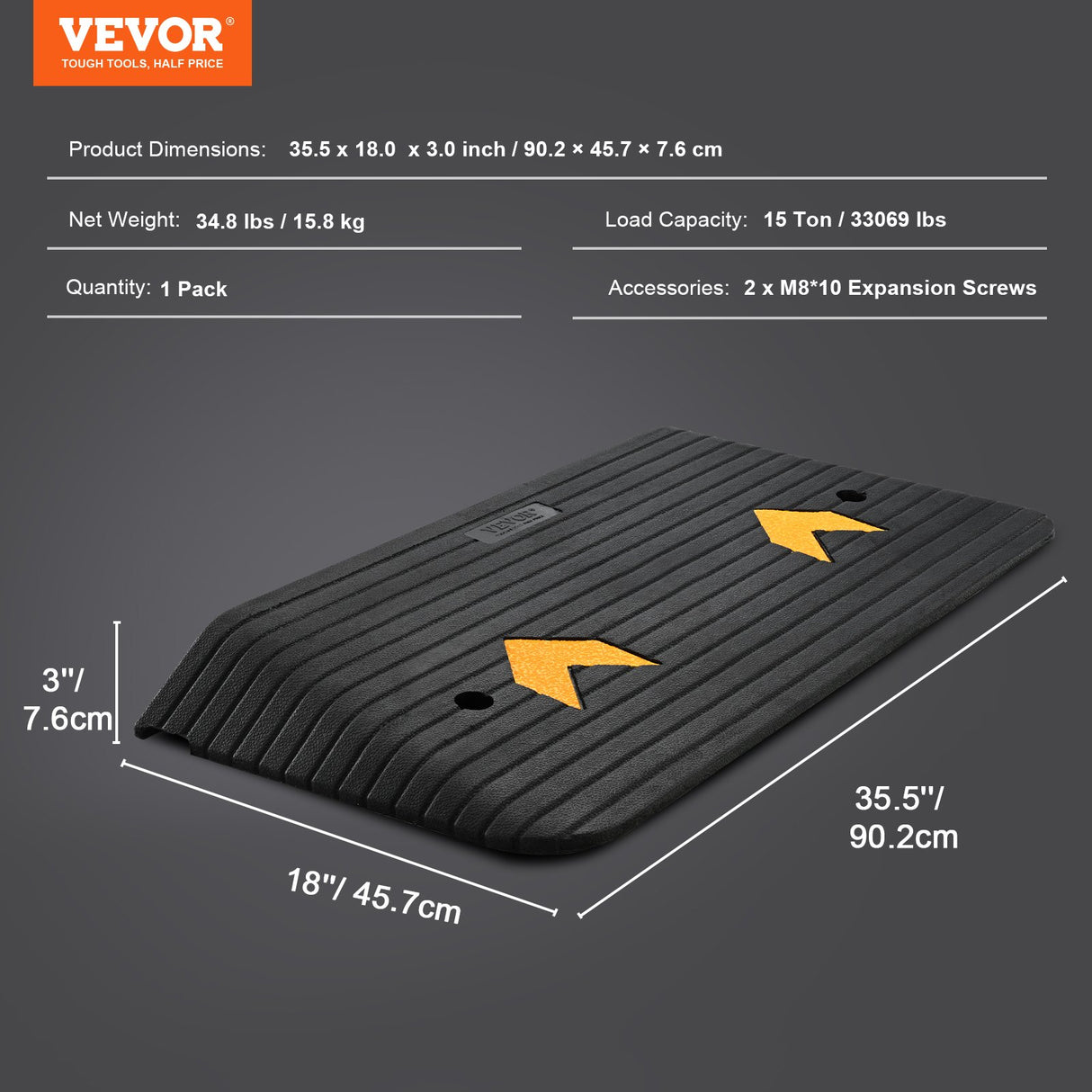 VEVOR Upgraded Rubber Threshold Ramp, 7.6 cm Rise Door Ramp with 1 Channel, Natural Rubber Car Ramp with Non-Slip Textured Surface, 150 tons Load Capacity Curb Ramp for Wheelchair and Scooter