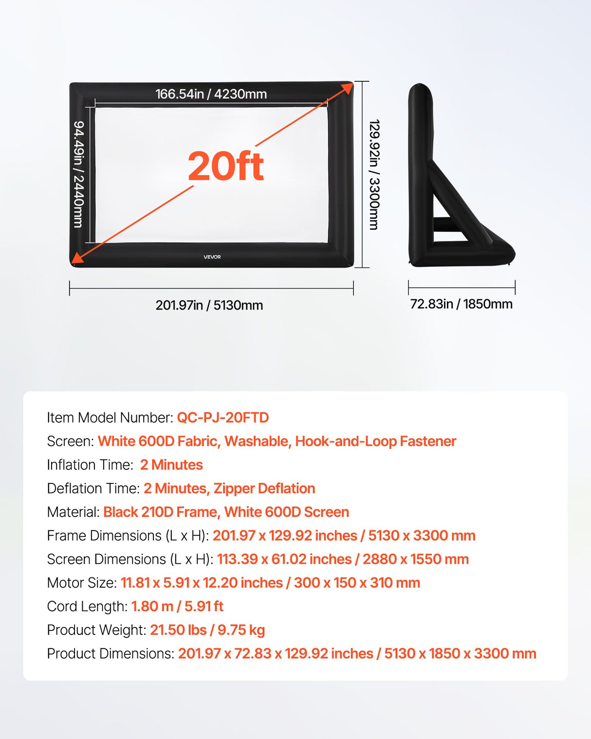 VEVOR 20 ft Inflatable Movie Screen 16:9 600D Movie Projector with Portable Bag