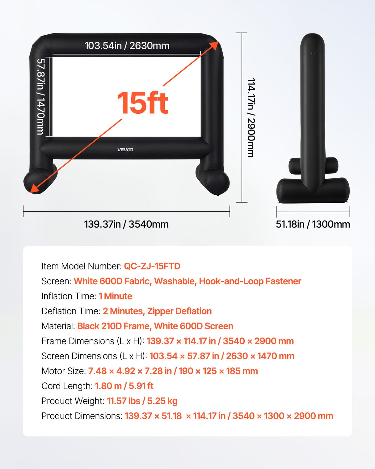 VEVOR 15 ft Inflatable Movie Screen 16:9 600D Movie Projector with Portable Bag