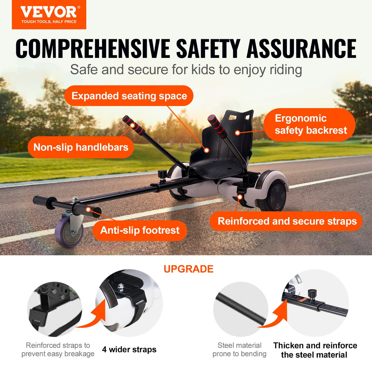 VEVOR Hoverboard Seat Attachment, Compatible with All 16.5cm20.3cm21.6cm25.4 Hoverboards,Grips Control,Adjustable Frame Length and 99.8 kg Load