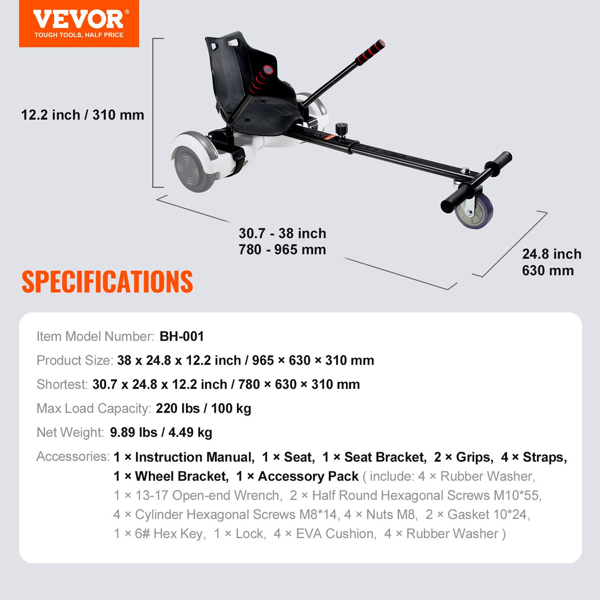 VEVOR Hoverboard Seat Attachment, Compatible with All 16.5cm20.3cm21.6cm25.4 Hoverboards,Grips Control,Adjustable Frame Length and 99.8 kg Load