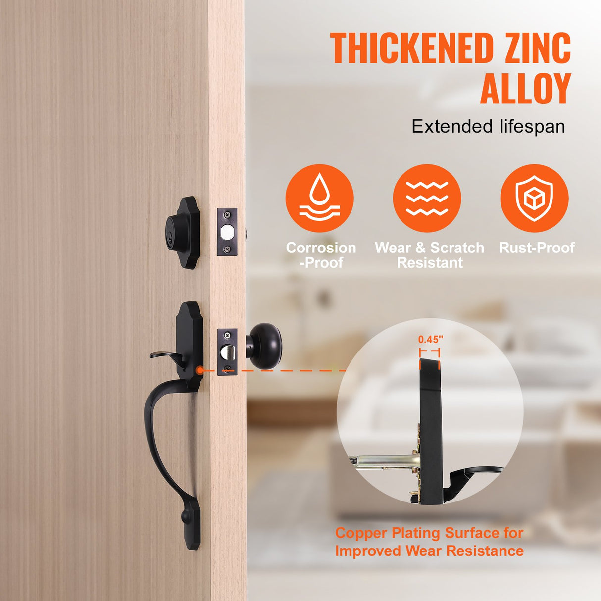 VEVOR Front Door Handle and Deadbolt Set, Matte Black Front Door Lock Set with Interior Knob, Single Cylinder Handleset Adjustable Hole Spacing, for Right and Left Handed Entrance and Front Door