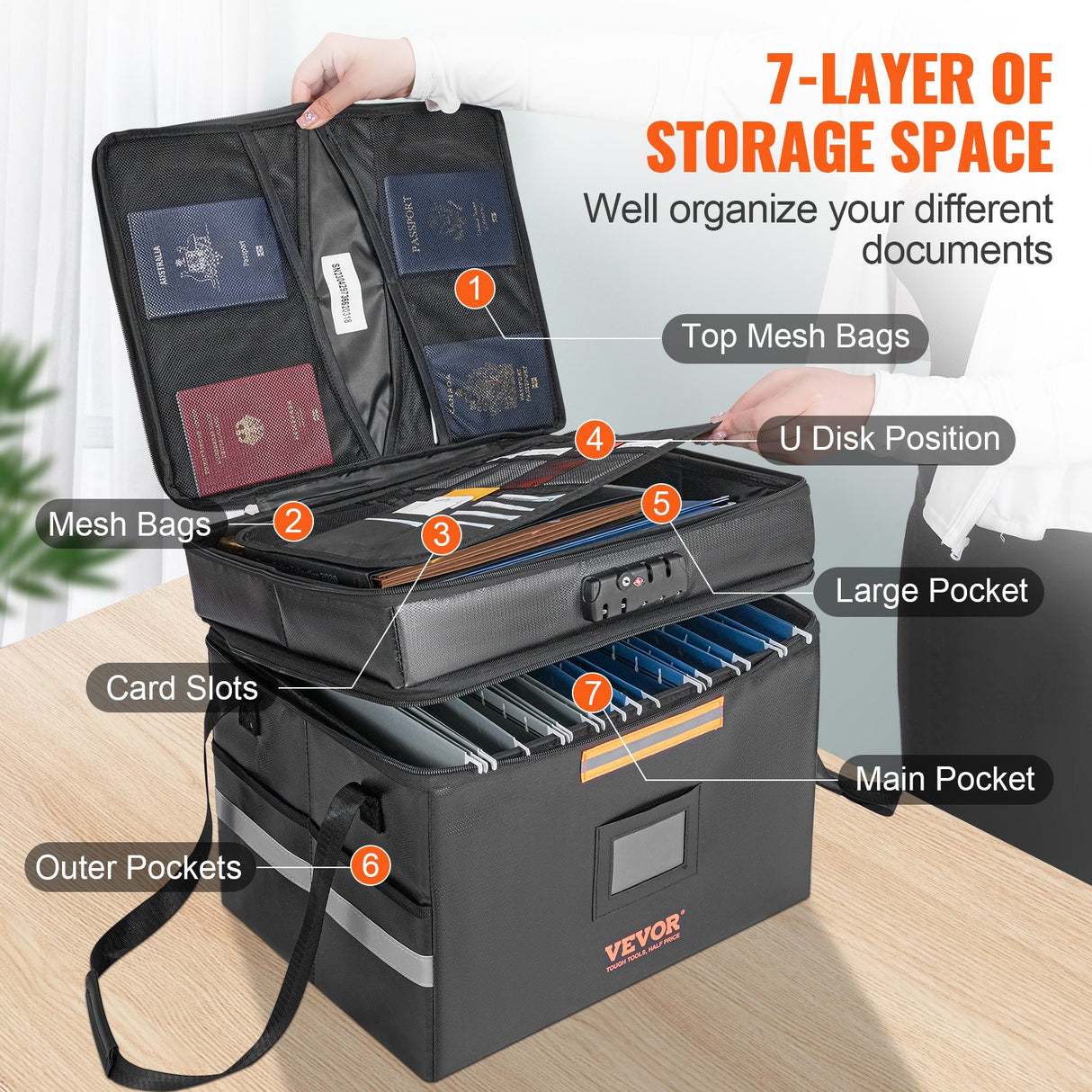 Fireproof Document Box, Fireproof Document Bag with Lock 2000_, Fireproof and Waterproof File Box 450x140x315 mm with Zipper & Handle, for Money, Documents, Jewelry and Passport