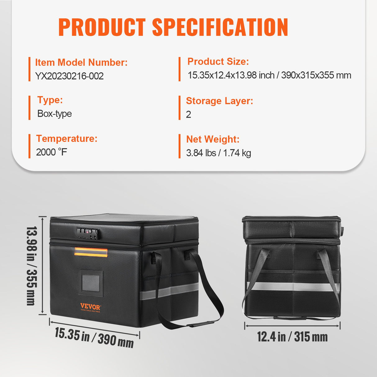 Fireproof Document Box, Fireproof Document Bag with Lock 2000_, Fireproof and Waterproof File Box 450x140x315 mm with Zipper & Handle, for Money, Documents, Jewelry and Passport