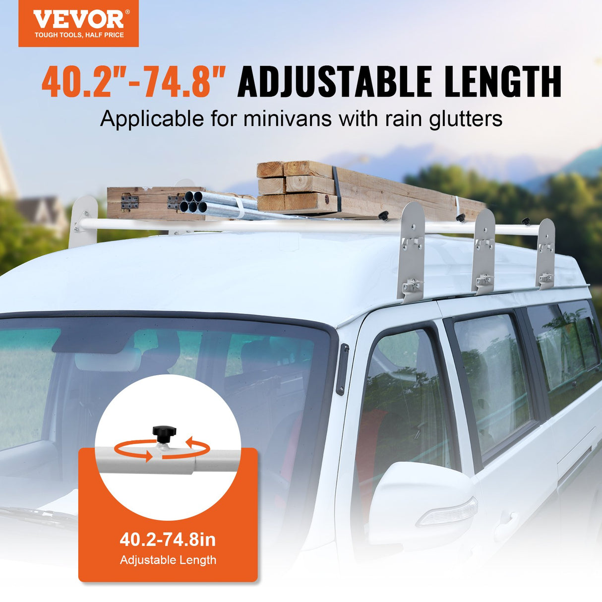 VEVOR Van Roof Ladder Rack, 3 Bars Alloy Steel Roof Racks, 750 LBS Capacity Rain-Gutter Roof Rack, Adjustable Length 40.2" to 74.8", Van Ladder Rack