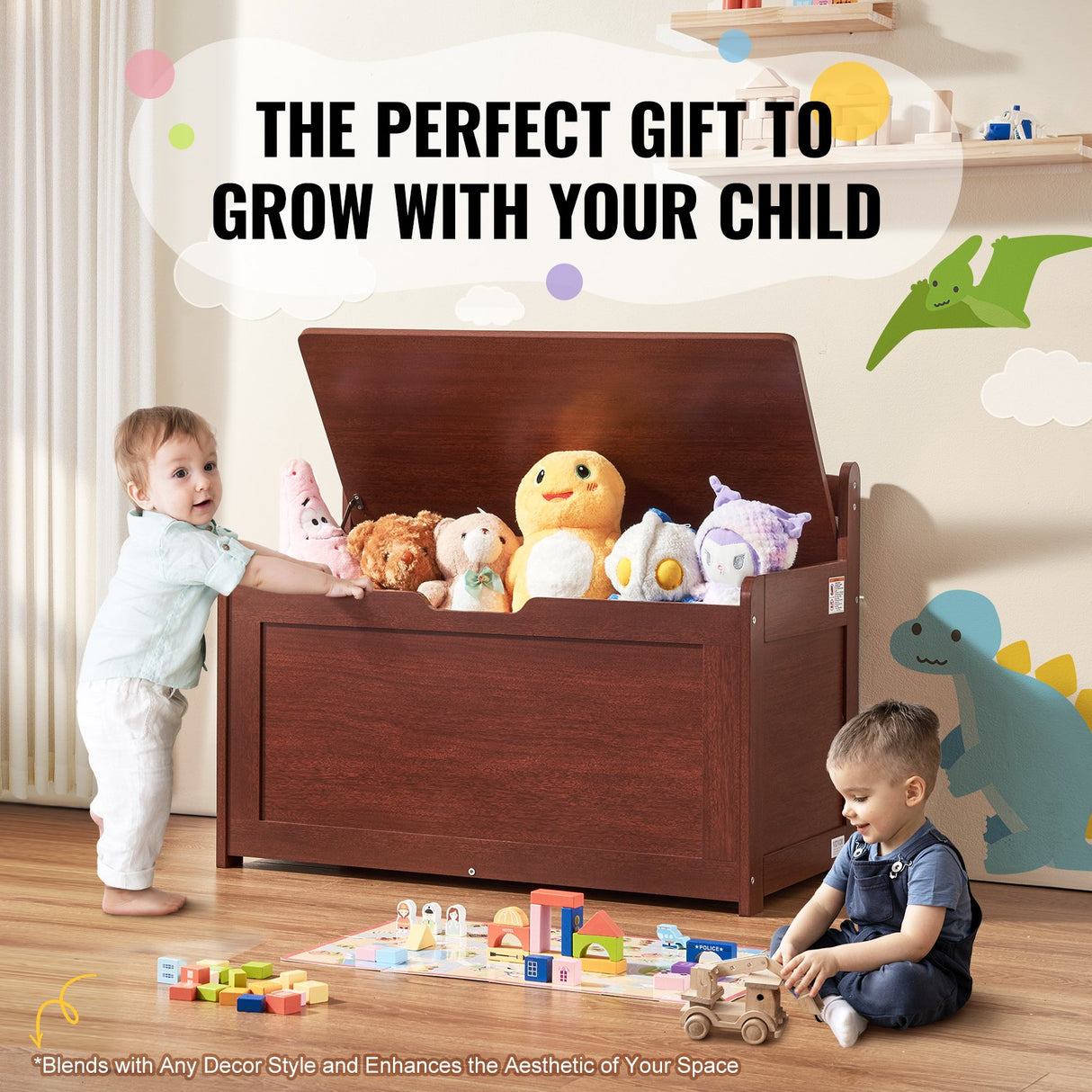 VEVOR Kids Toy Storage Bench Wooden Toy Box Chest 32.68 x 17.91 x 24.02" Cherry