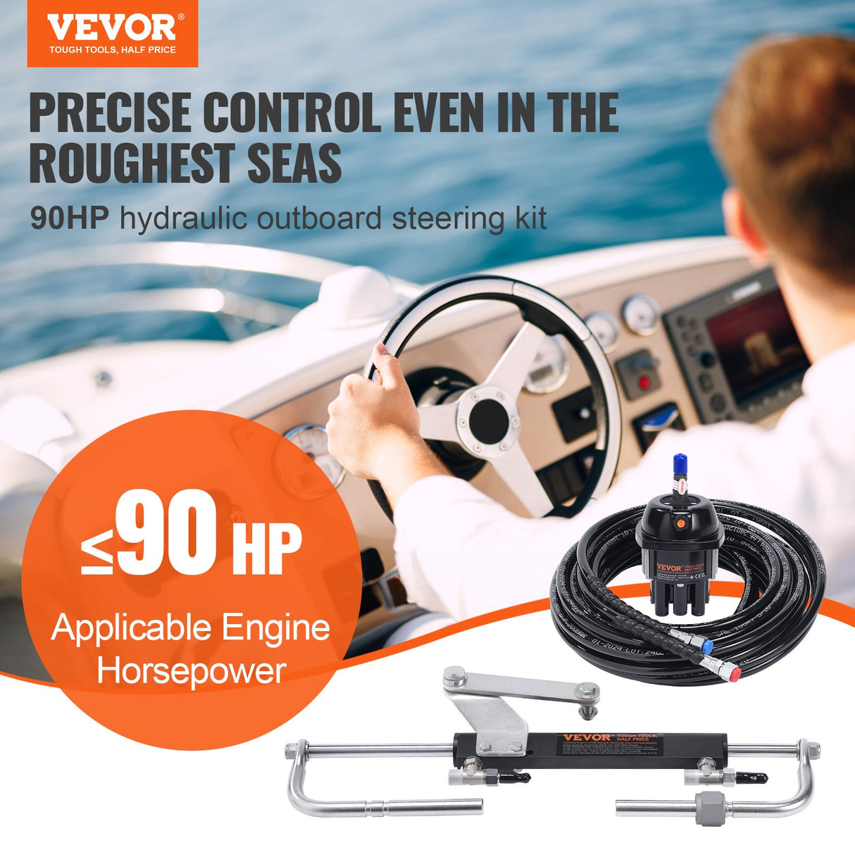 VEVOR Hydraulic Outboard Steering Kit, 90HP, Marine Boat Hydraulic Steering System, with Helm Pump Two-Way Lock Cylinder and 24 Feet Hydraulic