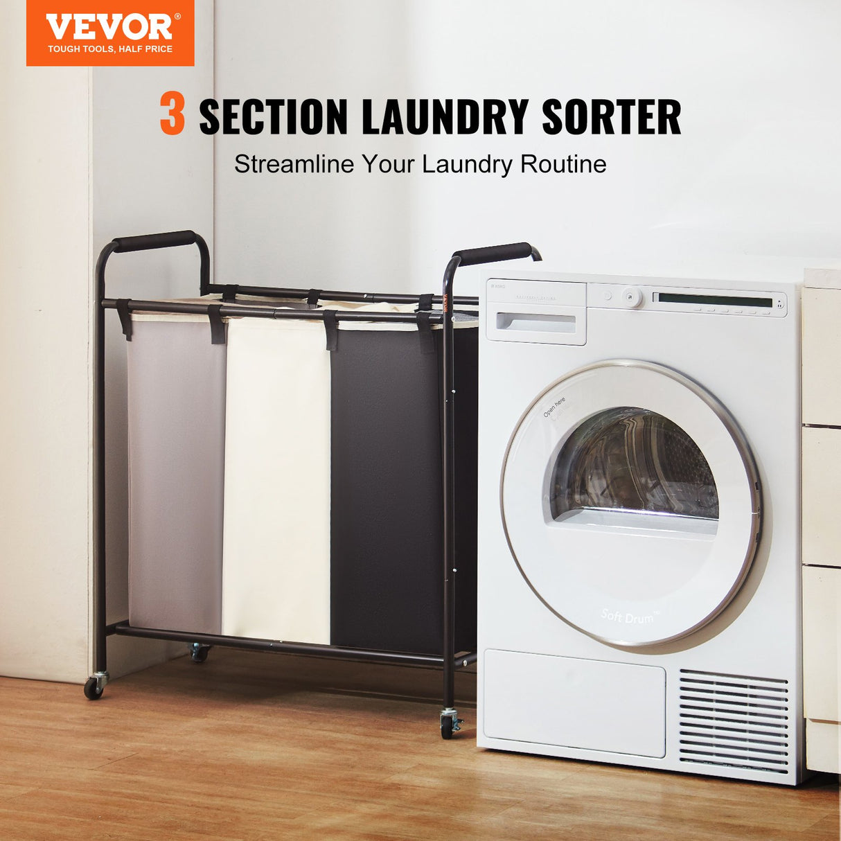 VEVOR 3-Section Laundry Basket, Heavy Duty Laundry Hamper Storage Organizer, Laundry Sorter Cart with Heavy Duty Lockable Wheels for Dirty Clothes in