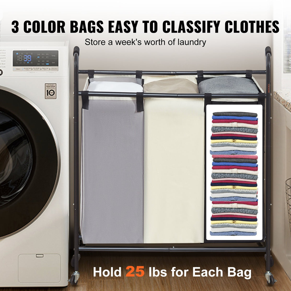 VEVOR 3-Section Laundry Basket, Heavy Duty Laundry Hamper Storage Organizer, Laundry Sorter Cart with Heavy Duty Lockable Wheels for Dirty Clothes in