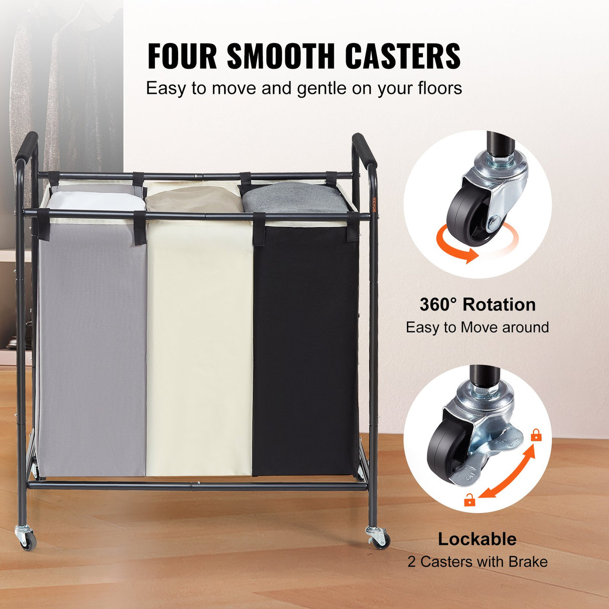 VEVOR 3-Section Laundry Basket, Heavy Duty Laundry Hamper Storage Organizer, Laundry Sorter Cart with Heavy Duty Lockable Wheels for Dirty Clothes in