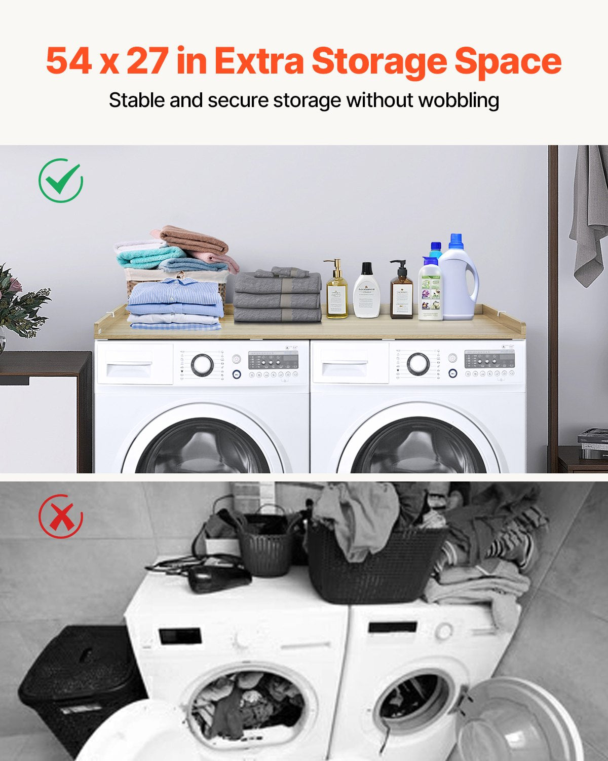 VEVOR Washer Dryer Countertop, 54" x 27" Wooden Washer and Dryer Countertop, Water-Resistant Laundry Machine Topper Cover with Anti-Slip Pads, for Laundry Room Organization and Storage, Oak