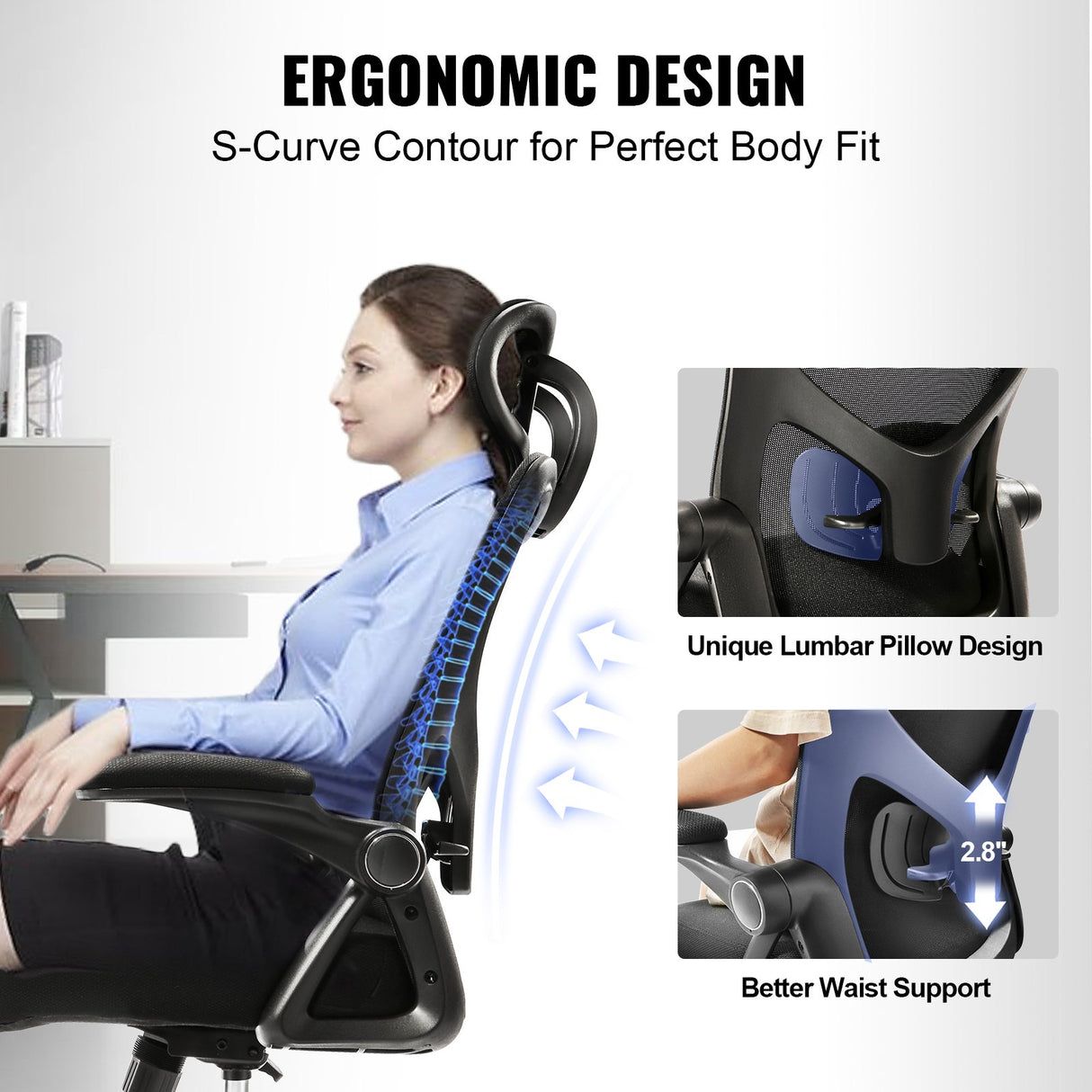 VEVOR Office Chair with Adjustable Lumbar Support High Back Ergonomic Desk Chair with Adjustable Headrest 2D Armrest Ergonomic Office Chair Backrest Computer Chair for Home Office
