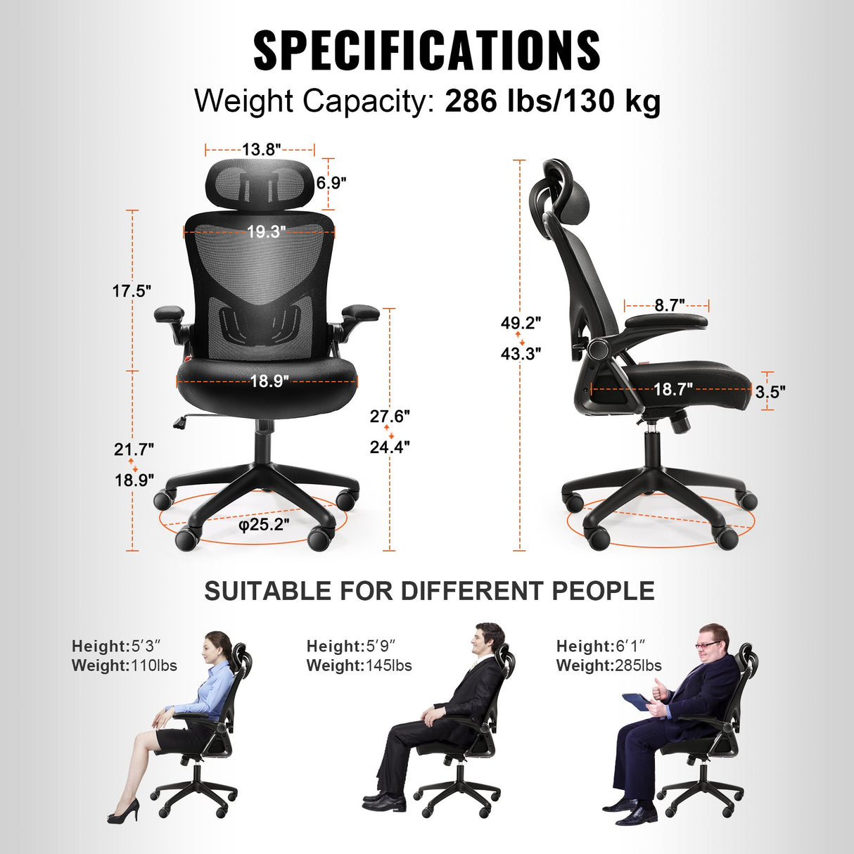 VEVOR Office Chair with Adjustable Lumbar Support High Back Ergonomic Desk Chair with Adjustable Headrest 2D Armrest Ergonomic Office Chair Backrest Computer Chair for Home Office
