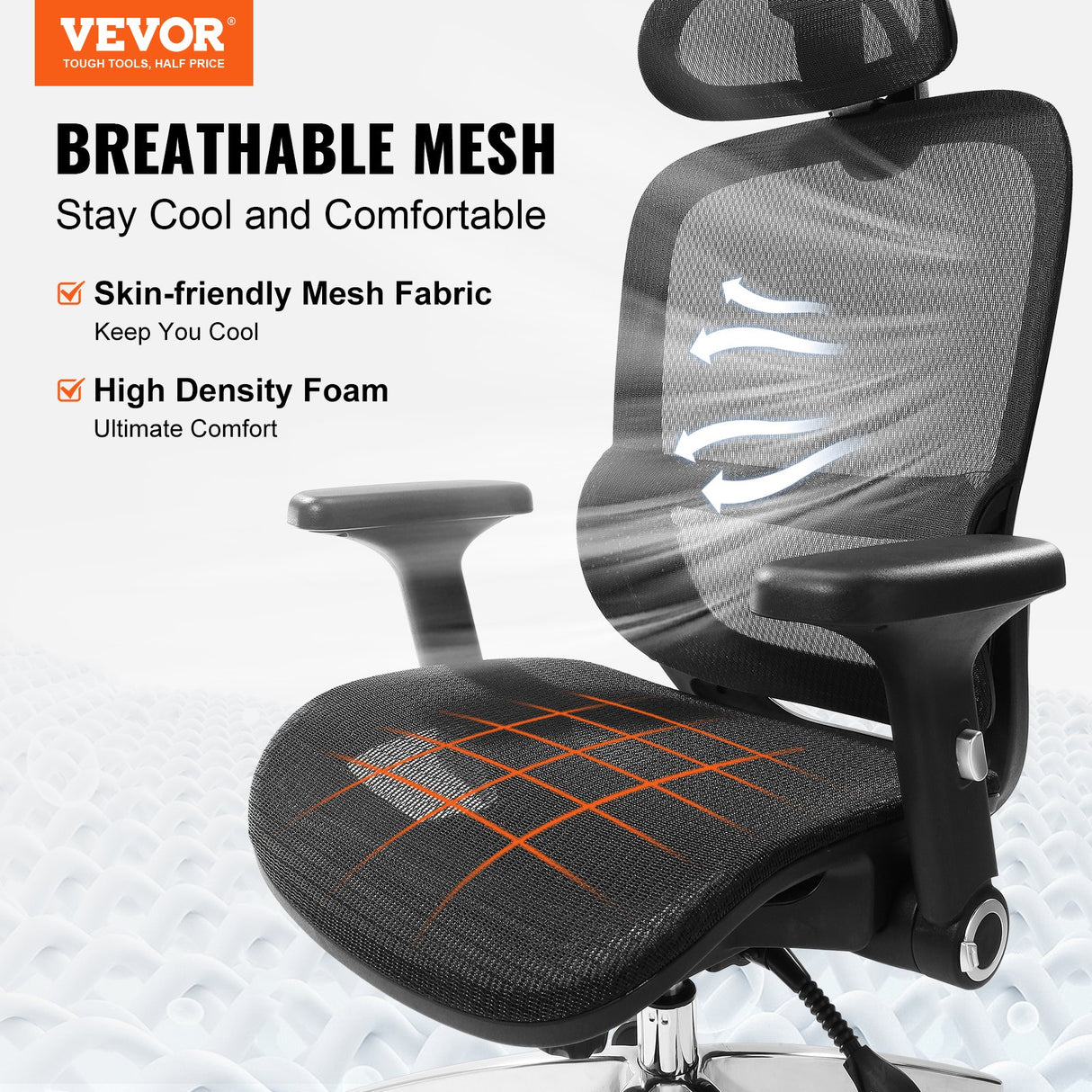 VEVOR Mesh Office Chair, Adjustable High Back Desk Chair with Mesh Seat, Angle and Height Adjustable Home Office Chair with Lumbar and Head Support,