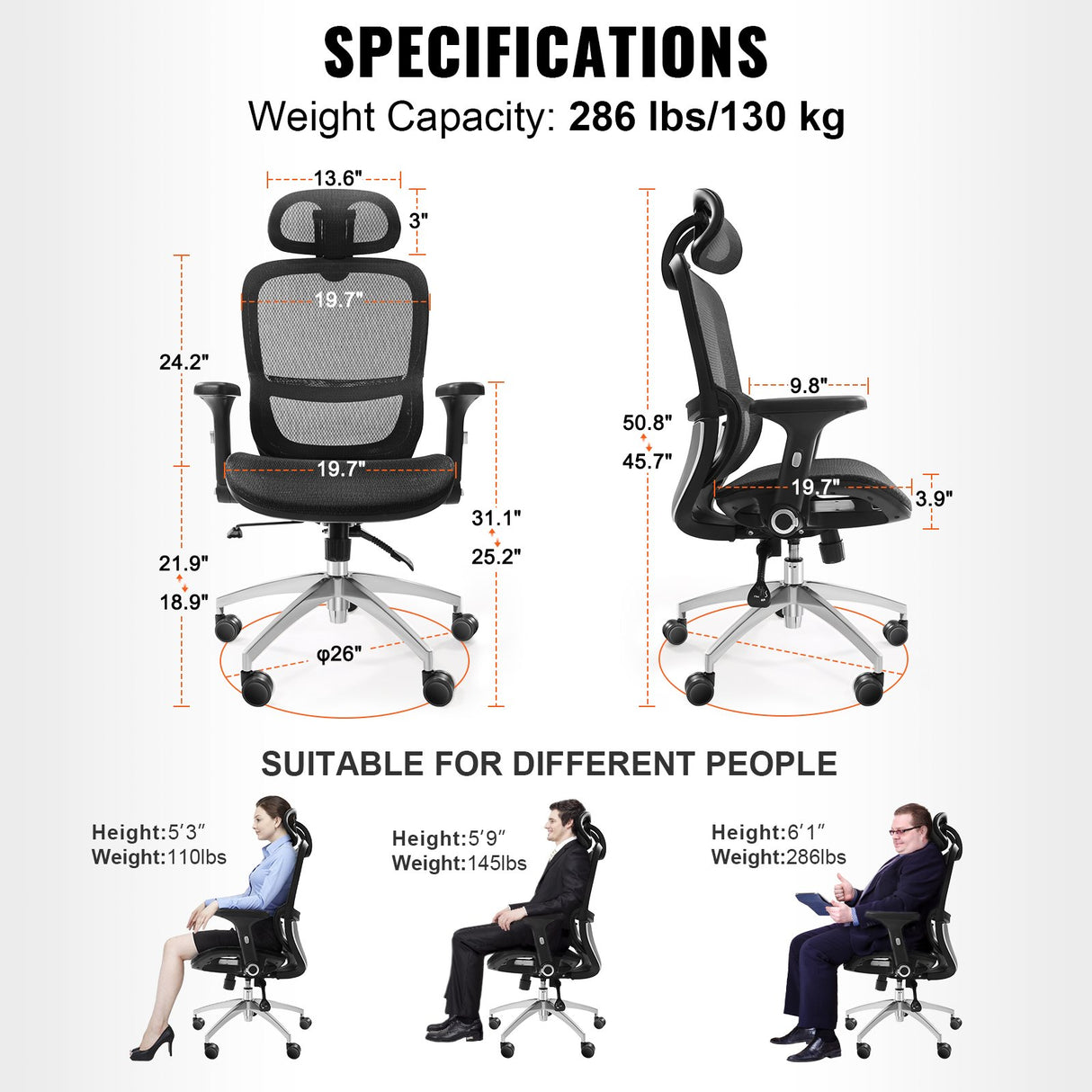 VEVOR Mesh Office Chair, Adjustable High Back Desk Chair with Mesh Seat, Angle and Height Adjustable Home Office Chair with Lumbar and Head Support,