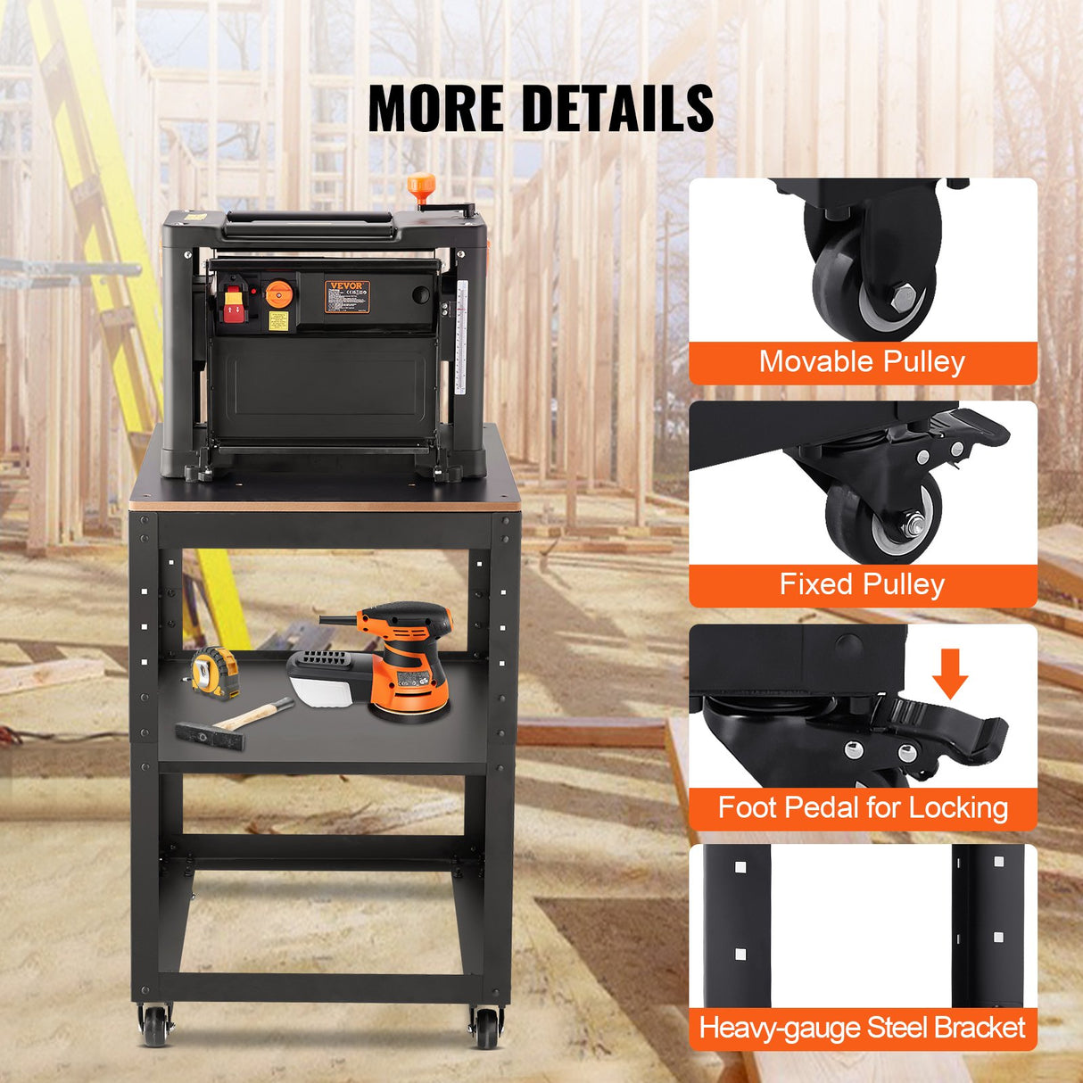 VEVOR Planer Stand, 100 lbs / 45 kg heavy loads, Three-Gear Height Adjustable Thickness Planer Table,with 4 Stable Casters & Storage Space, for most