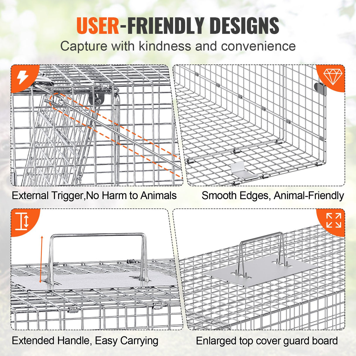 VEVOR Live Animal Cage Trap, 50" x 20" x 26" Humane Cat Trap Galvanized Iron, Folding Animal Trap with Handle for Stray Dogs, Armadillos, Raccoons,