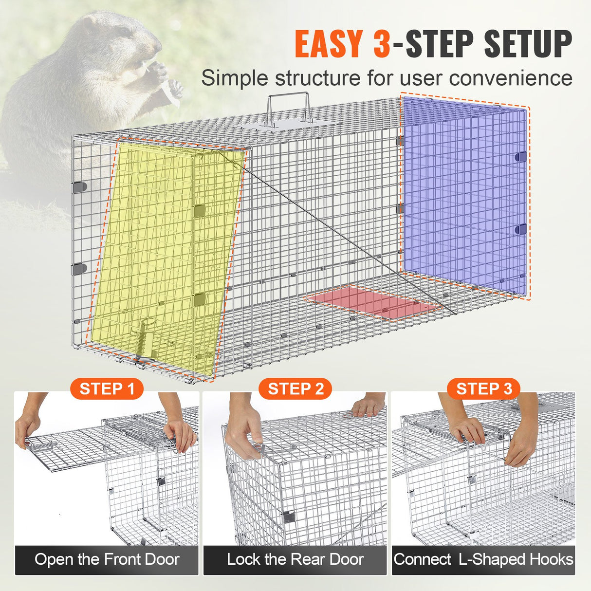 VEVOR Live Animal Cage Trap, 50" x 20" x 26" Humane Cat Trap Galvanized Iron, Folding Animal Trap with Handle for Stray Dogs, Armadillos, Raccoons,