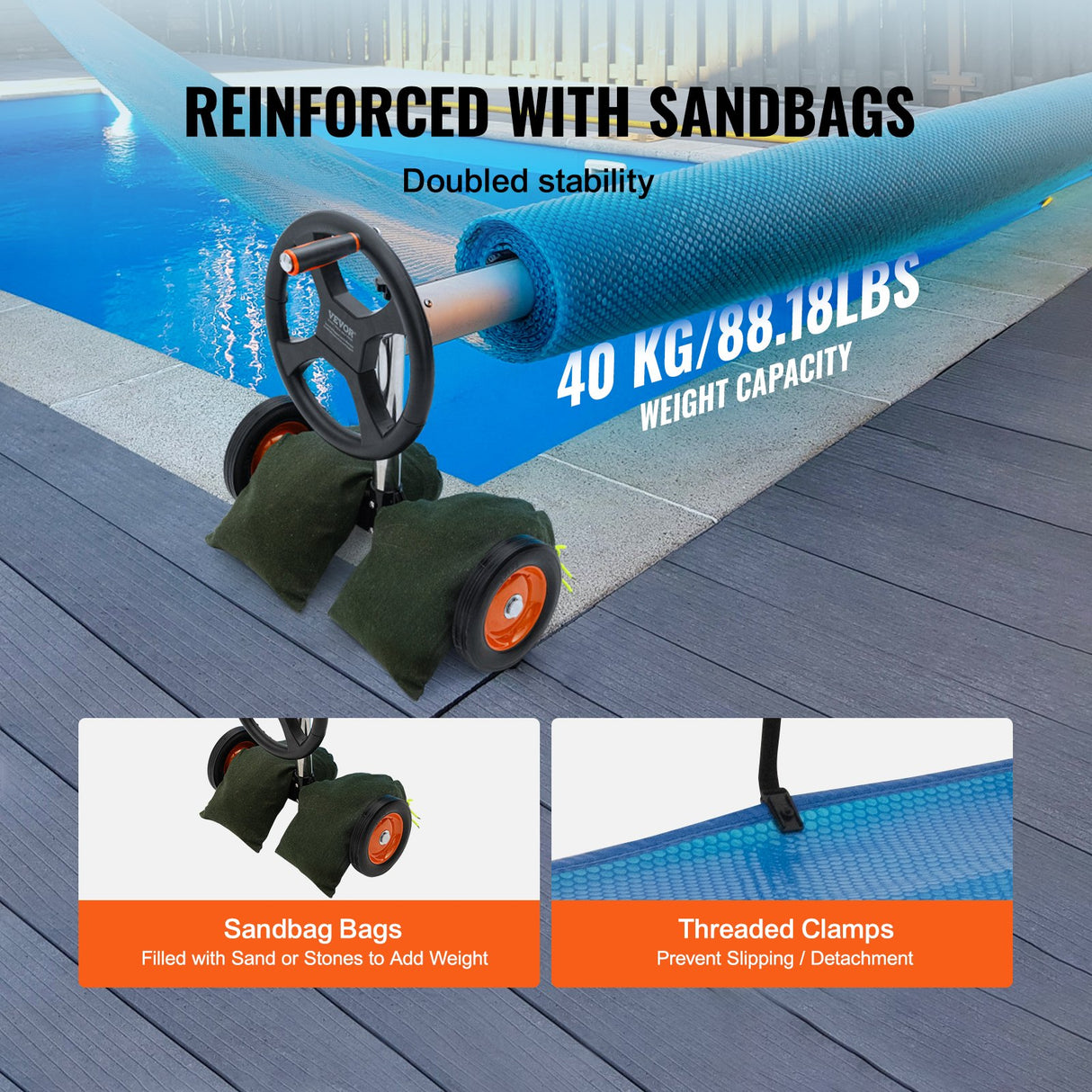 VEVOR Pool Cover Reel, Aluminum Solar Cover Reel 18 ft, Inground Swimming Pool Cover Reel Set with Rubber Wheels and Sandbags, Fits for 4-18 ft Width