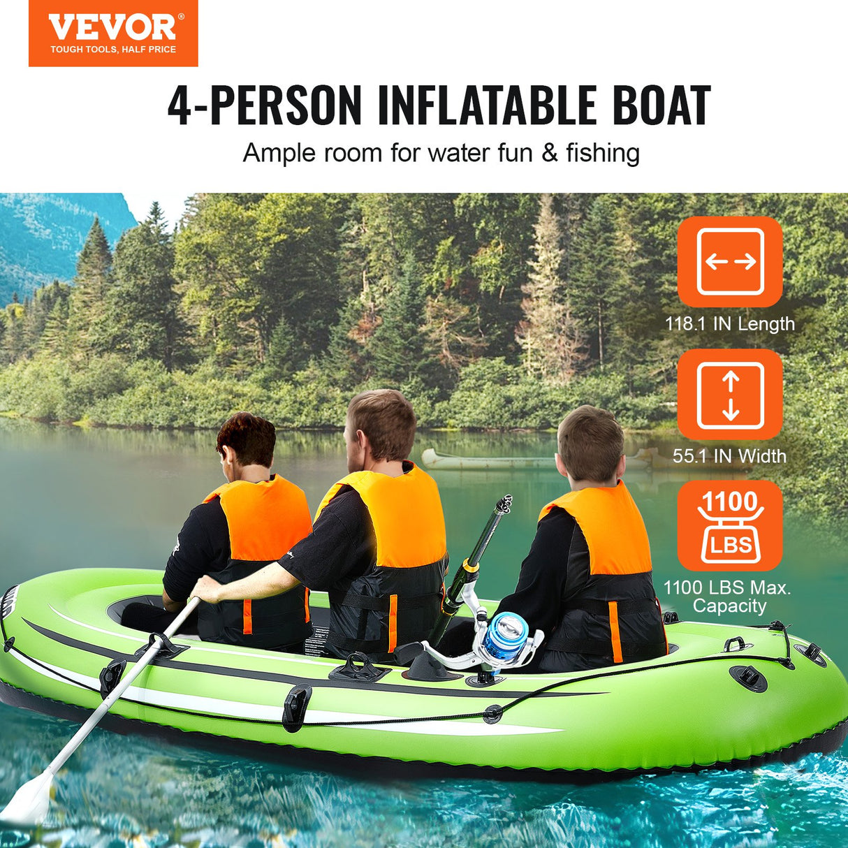 VEVOR Inflatable Boat, 4-Person Inflatable Fishing Boat, Strong PVC Portable Boat Raft Kayak, 1158mm Aluminum Oars, High-Output Pump, Fishing Rod Holders, and 2 Seats, 1100 lb Capacity for Adults Kids