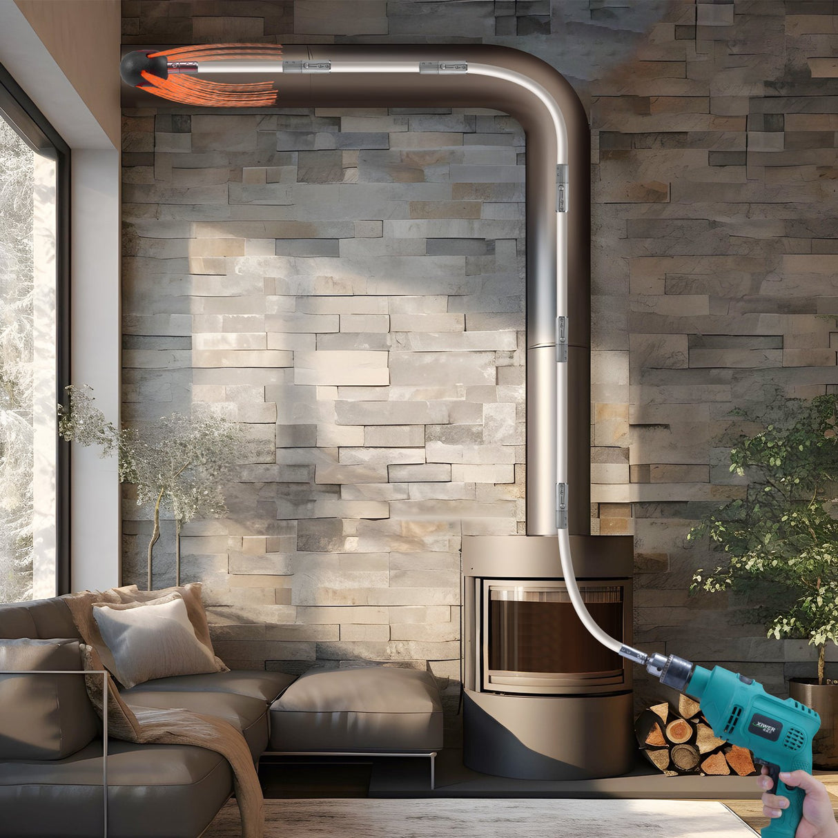 VEVOR 8 m Chimney Sweep Kit, w/ 8Reinforced Nylon Flexible Rods, Ergonomic Chimney Cleaning Brush, 360-Degree Brush Chimney Cleaner, Rich Accessories for Fireplace Flue Home Use Fits most Pipes