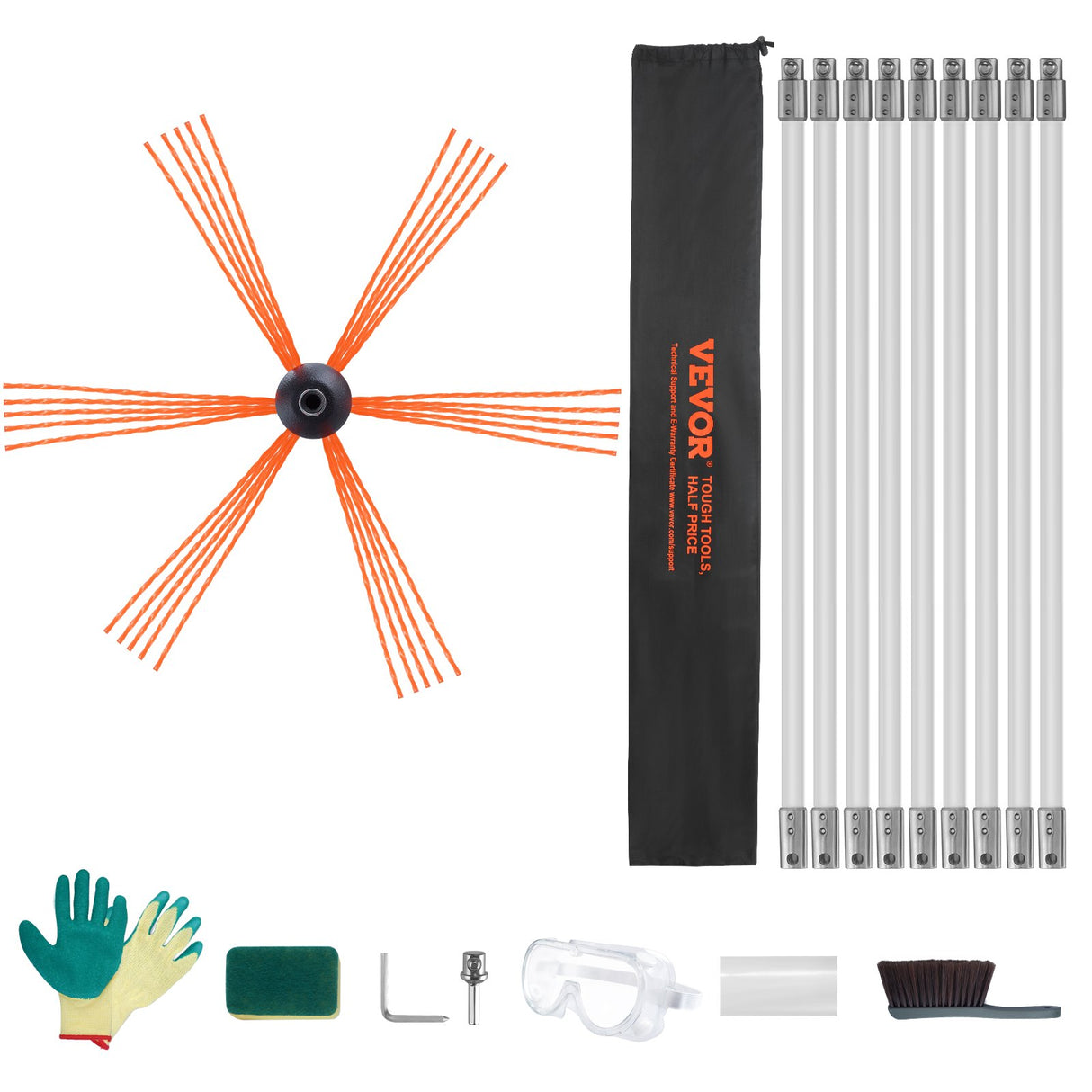 9 m Chimney Sweep Kit, w/ 9 Reinforced Nylon Flexible Rods, Ergonomic Chimney Cleaning Brush, 360-Degree Brush Chimney Cleaner, Rich Accessories for Fireplace Flue Home Use Fits most Pipes