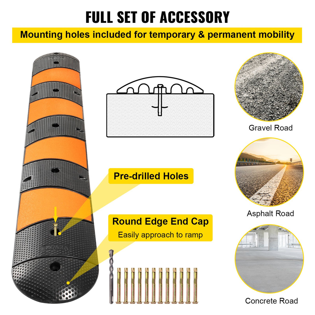 VEVOR Rubber Speed Bump, 1 Pack 2 Channel Speed Bump Hump, 72" Long Modular Speed Bump Rated 22000 LBS Loading, 72.8 x 12.2 x 2.2 Garage Speed Bump