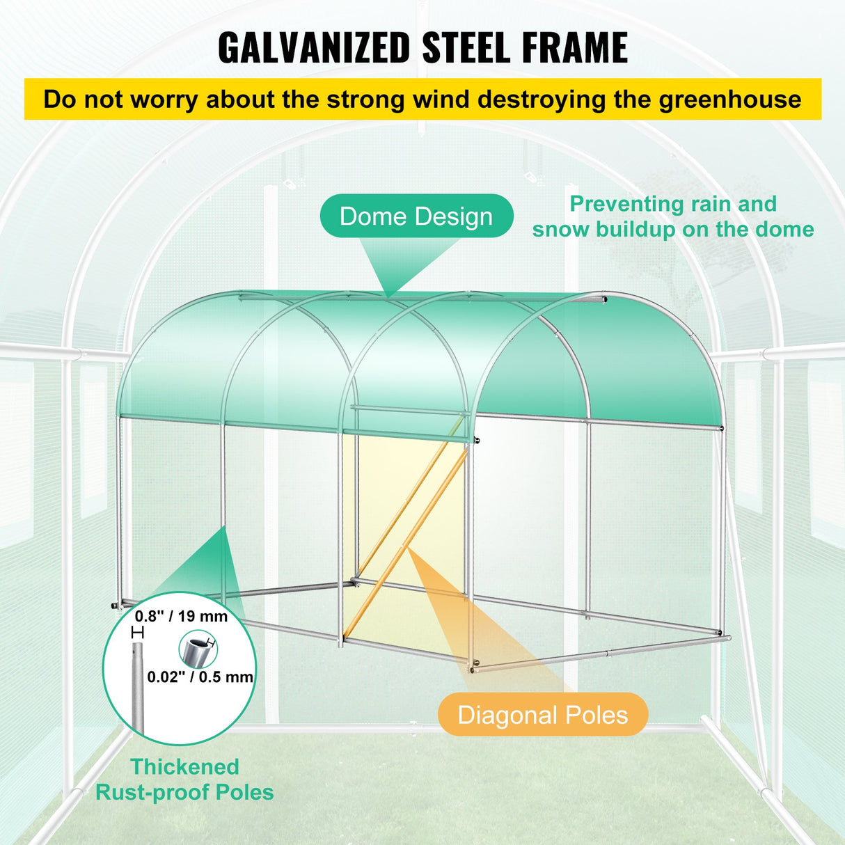 VEVOR Walk-in Tunnel Greenhouse, 3 x 2 x 2 m, Portable Plant Hot House with Galvanised Steel Frame, 1 Top Bar, Diagonal Poles, Zipper Door and 6 Roll-