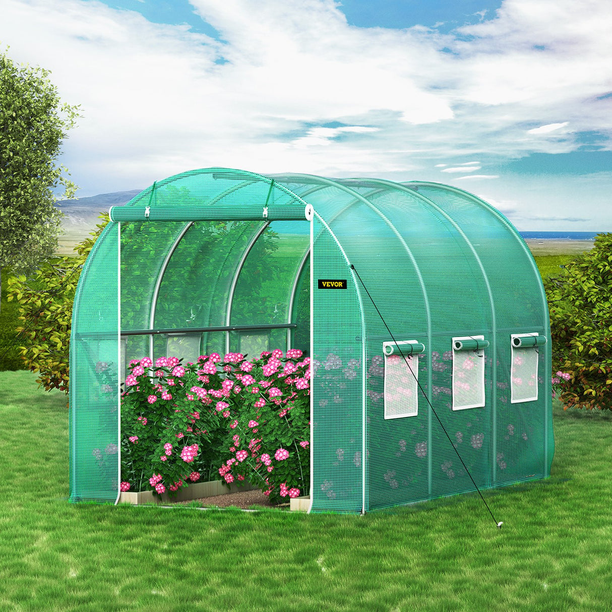 VEVOR Walk-in Tunnel Greenhouse, 3 x 2 x 2 m, Portable Plant Hot House with Galvanised Steel Frame, 1 Top Bar, Diagonal Poles, Zipper Door and 6 Roll-