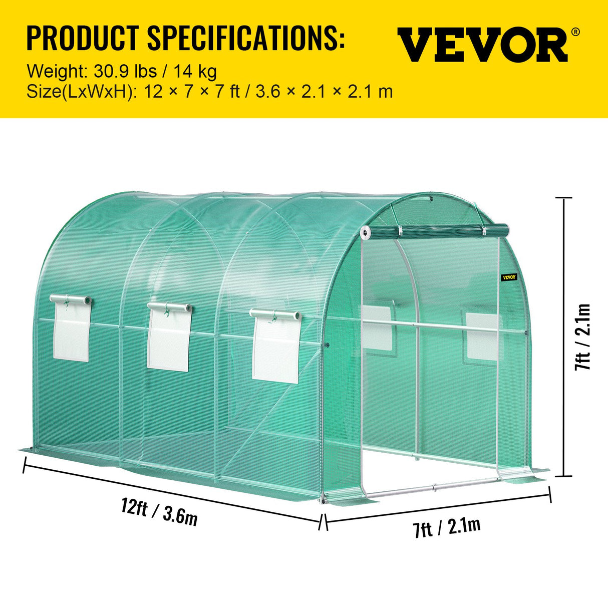 VEVOR Walk-in Tunnel Greenhouse Galvanized Frame & Waterproof Cover 12x7x7 ft