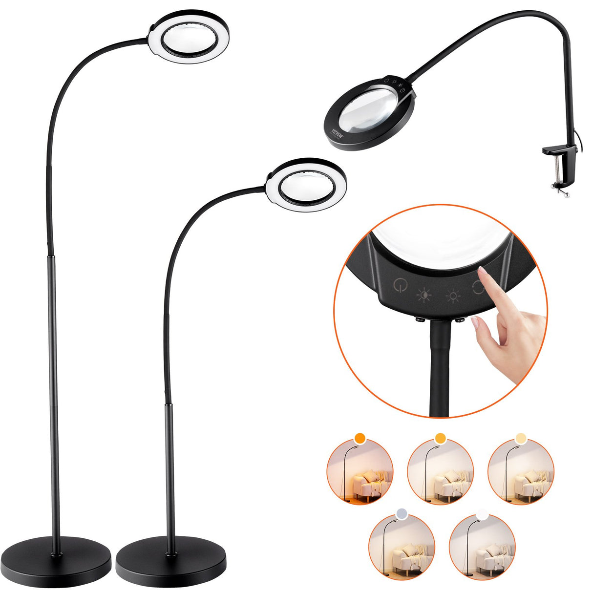 5X Floor Magnifying Glass with Light and Stand Flexible Gooseneck LED