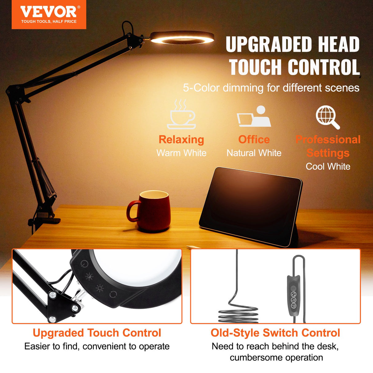 VEVOR Magnifying Glass with Light and Stand, 5X Magnifying Lamp, 4.3" Glass Lens, Base and Clamp 2-in-1 Desk Magnifier with Light, 64 LED Lights 5