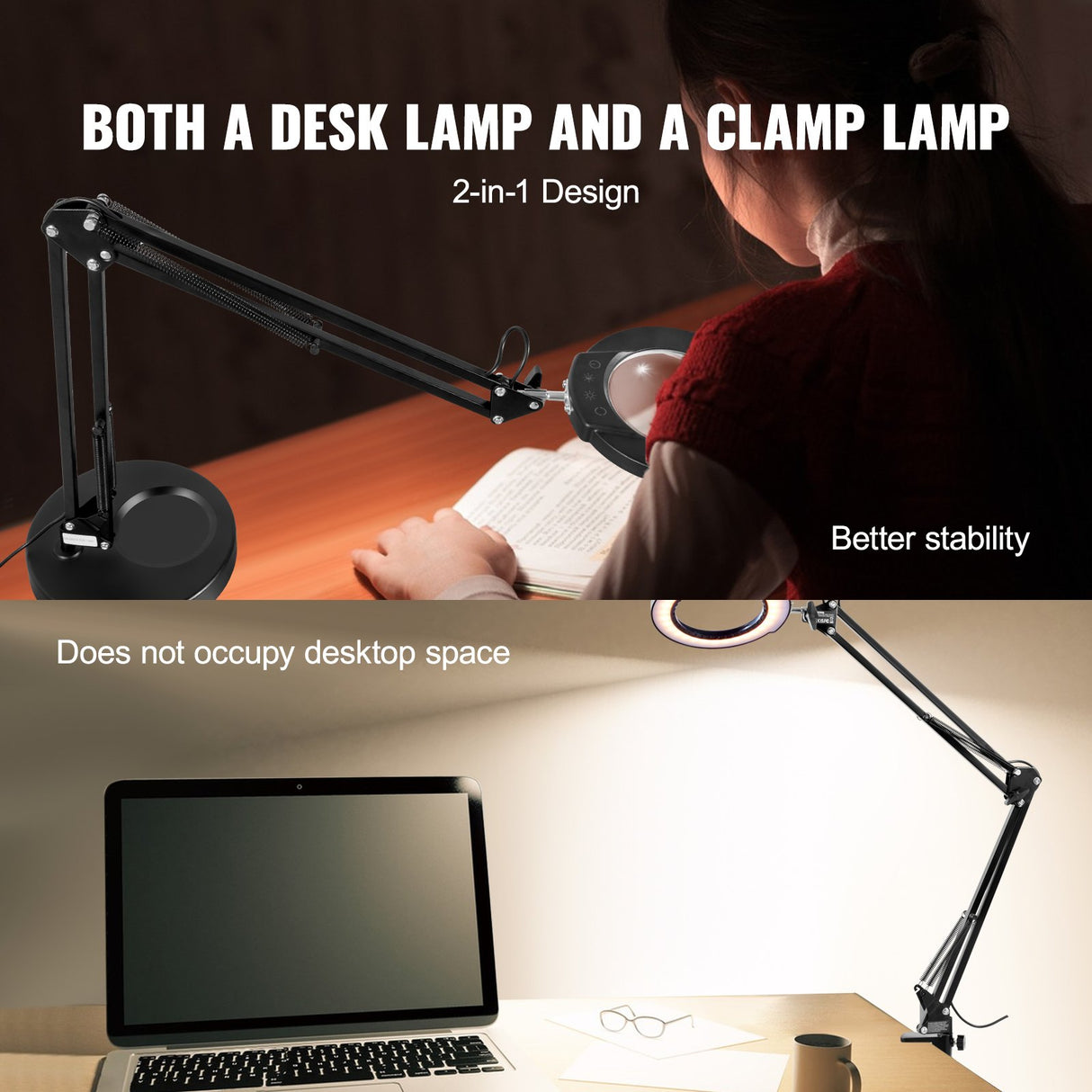 VEVOR Magnifying Glass with Light and Stand, 5X Magnifying Lamp, 4.3" Glass Lens, Base and Clamp 2-in-1 Desk Magnifier with Light, 64 LED Lights 5