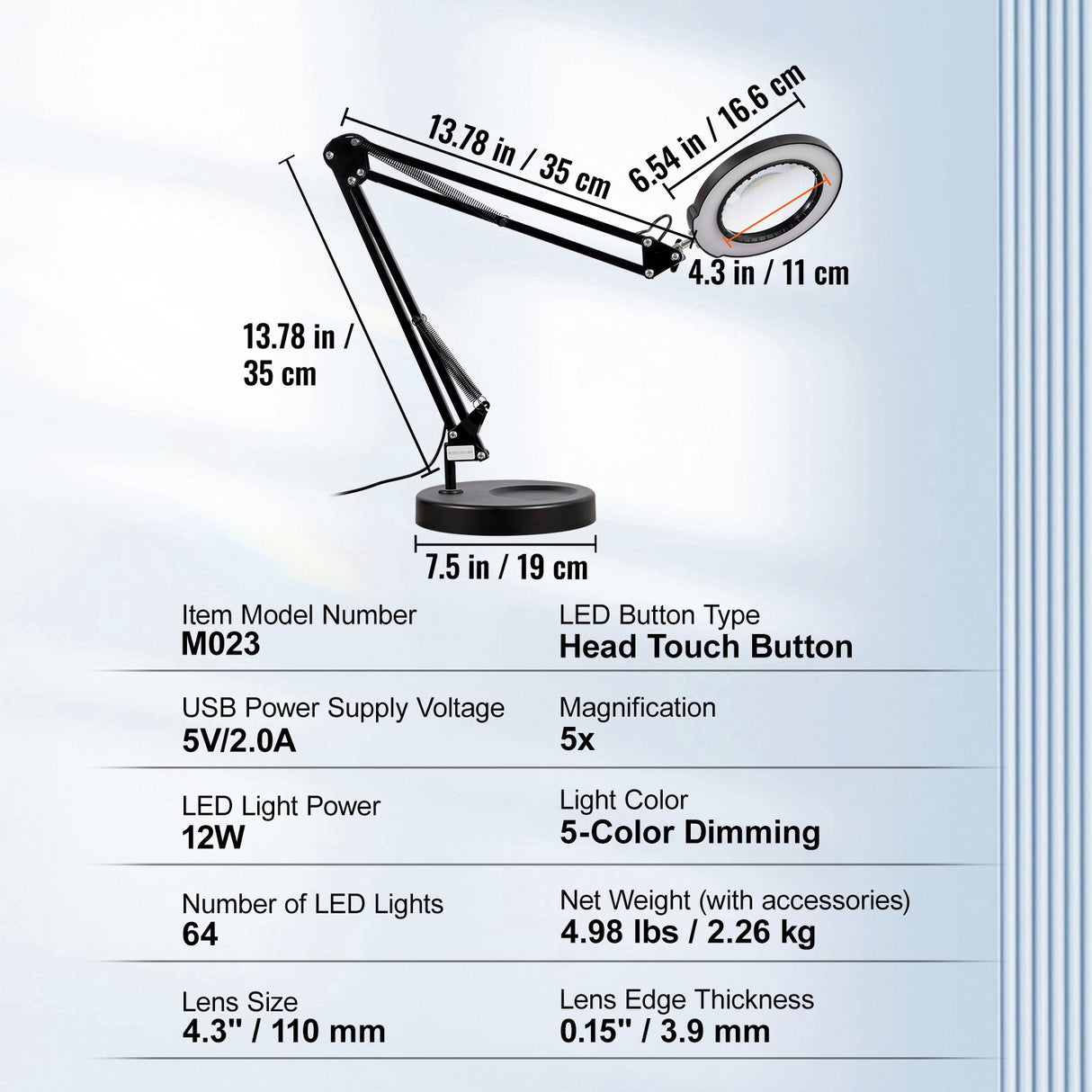 VEVOR Magnifying Glass with Light and Stand, 5X Magnifying Lamp, 4.3" Glass Lens, Base and Clamp 2-in-1 Desk Magnifier with Light, 64 LED Lights 5