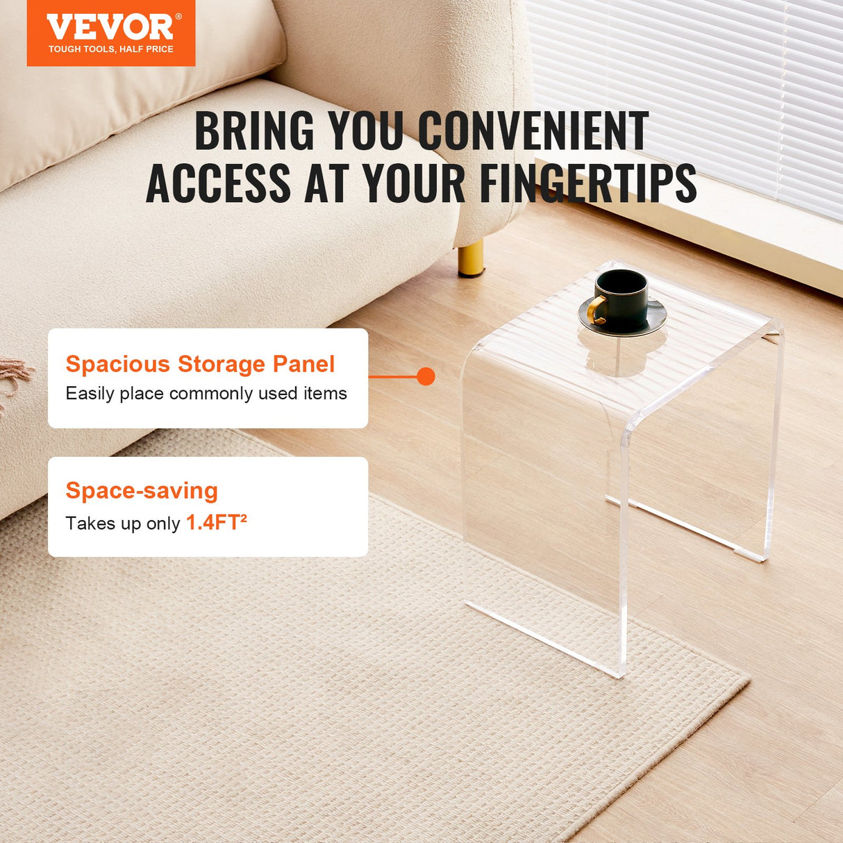 VEVOR Acrylic End Table, 2 pcs C-Shaped Lucite Side Tables, Clear Acrylic Side Table for Drink, Food, Snack used in Living Room, Bedroom, and Study