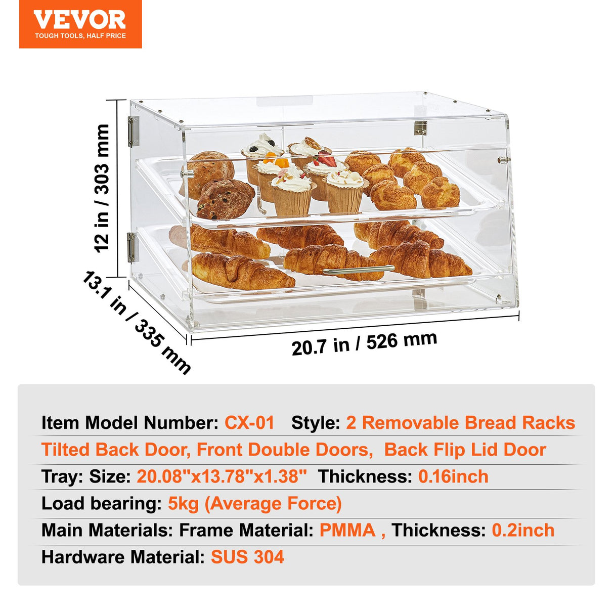 Pastry Display Case, 2-Tier Commercial Countertop Bakery Display Case, Acrylic Display Box with Rear Door Access & Removable Shelves, Keep Fresh for Donut Bagels Cake Cookie