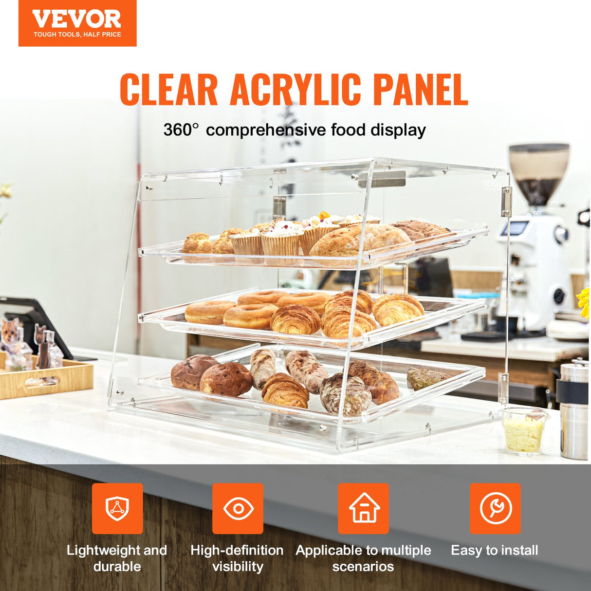 VEVOR Pastry Display Case, 3-Tier Commercial Countertop Bakery Display Case, Acrylic Display Box with Rear Door Access & Removable Shelves, Keep Fresh for Donut Bagels Cake Cookie