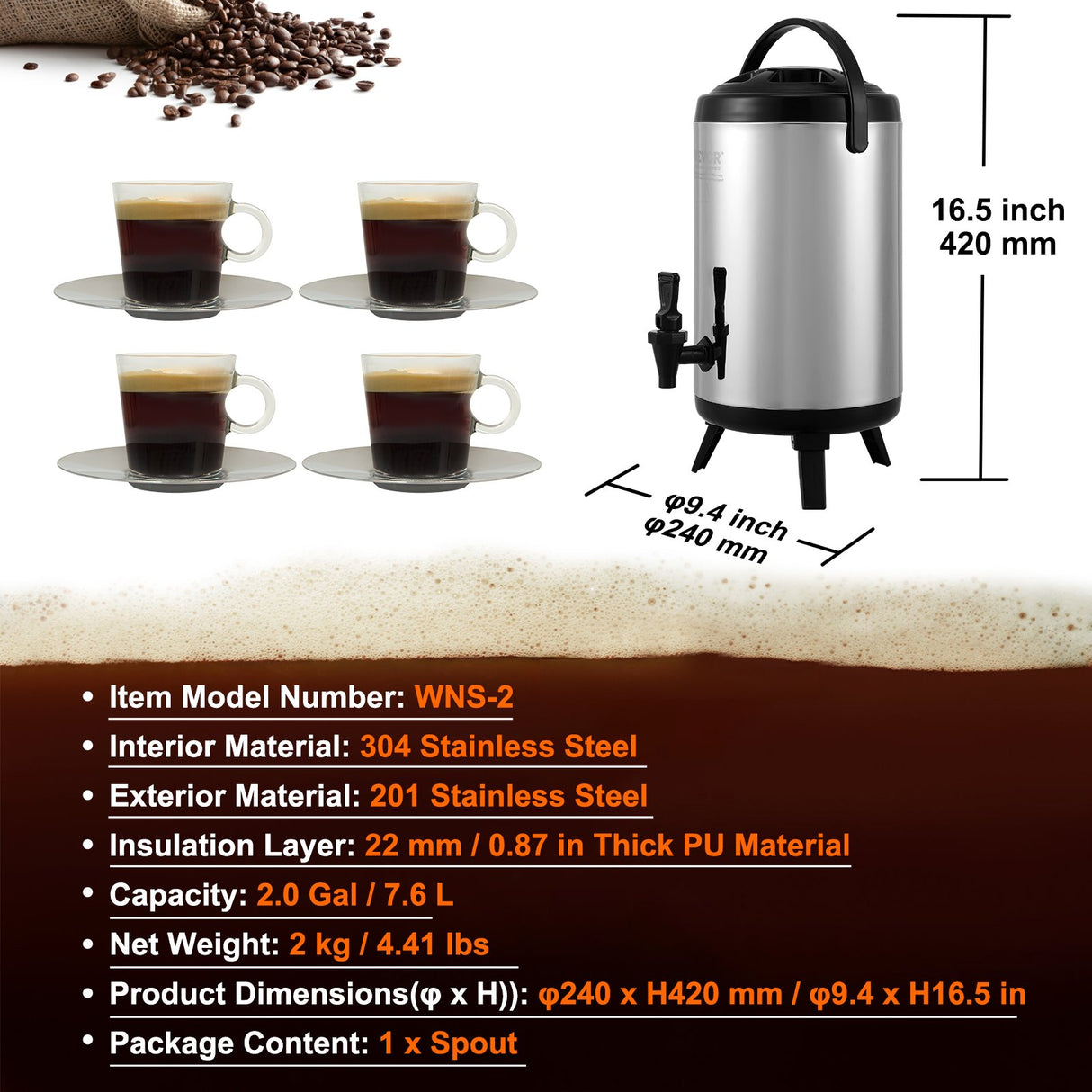 VEVOR Stainless Steel Insulated Beverage Dispenser, 7.6 Liter, Thermal Hot and Cold Drink Server Dispenser with Spigot Handle, Food-grade for Hot Tea Coffee Water Restaurant Drink Shop