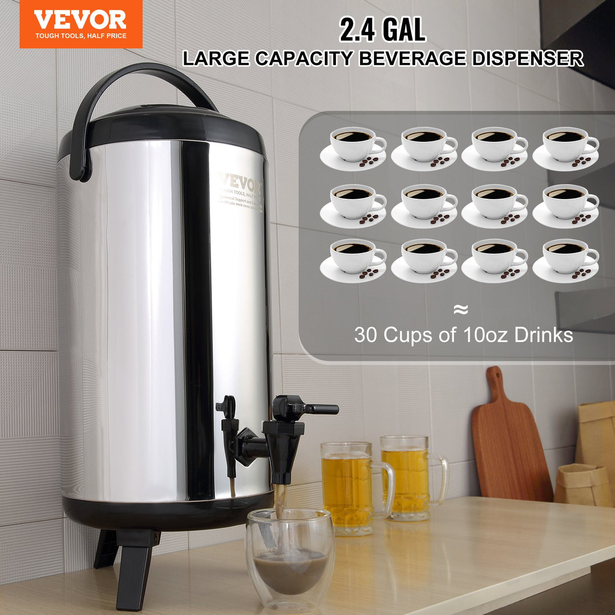 VEVOR Stainless Steel Insulated Beverage Dispenser, 9.2 Liter, Thermal Hot and Cold Drink Server Dispenser with Spigot Handle, Food-grade for Hot Tea Coffee Water Restaurant Drink Shop