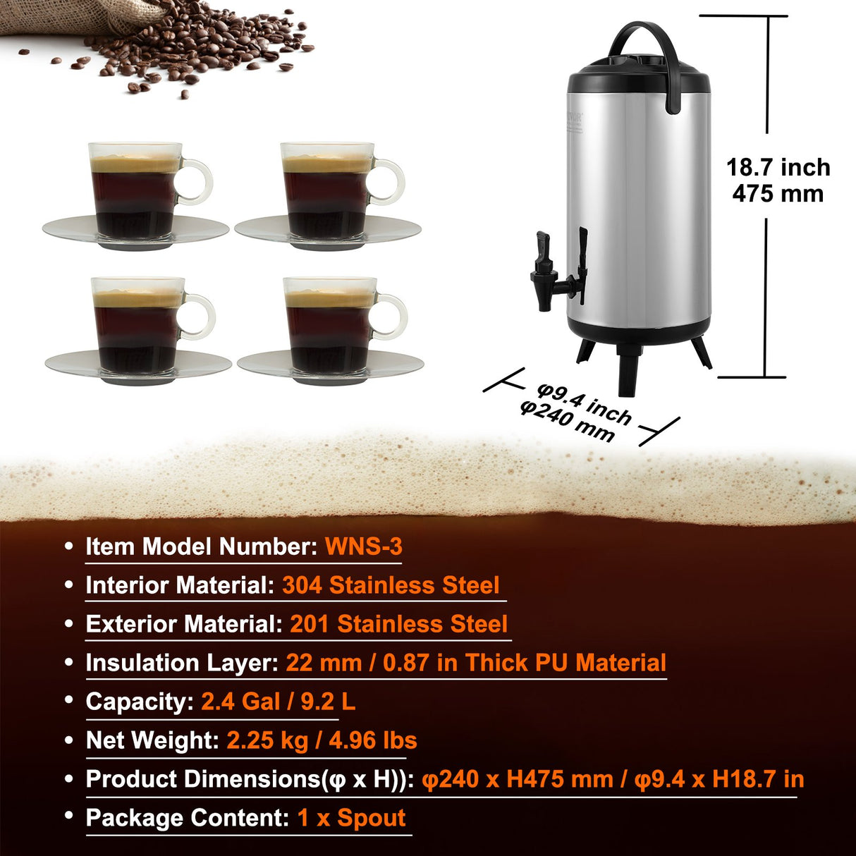 VEVOR Stainless Steel Insulated Beverage Dispenser, 9.2 Liter, Thermal Hot and Cold Drink Server Dispenser with Spigot Handle, Food-grade for Hot Tea Coffee Water Restaurant Drink Shop