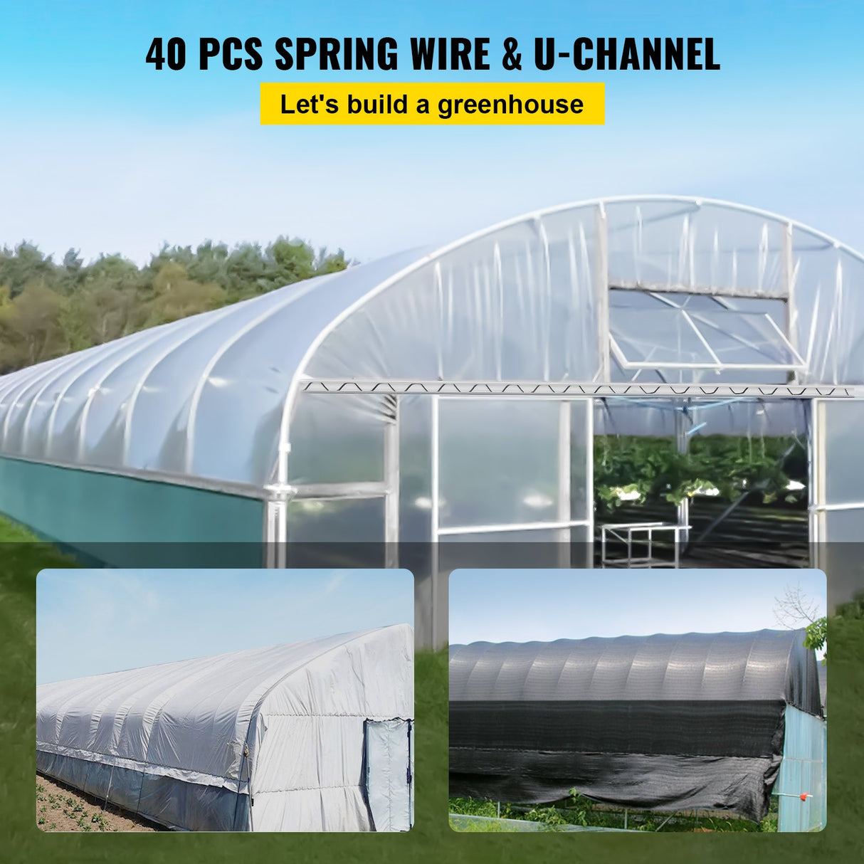VEVOR Spring Wire and Lock Channel, 2m Spring Lock & U-Channel Bundle for Greenhouse, 40 Packs PE Coated Spring Wire & Aluminum Alloy Channel,Plastic