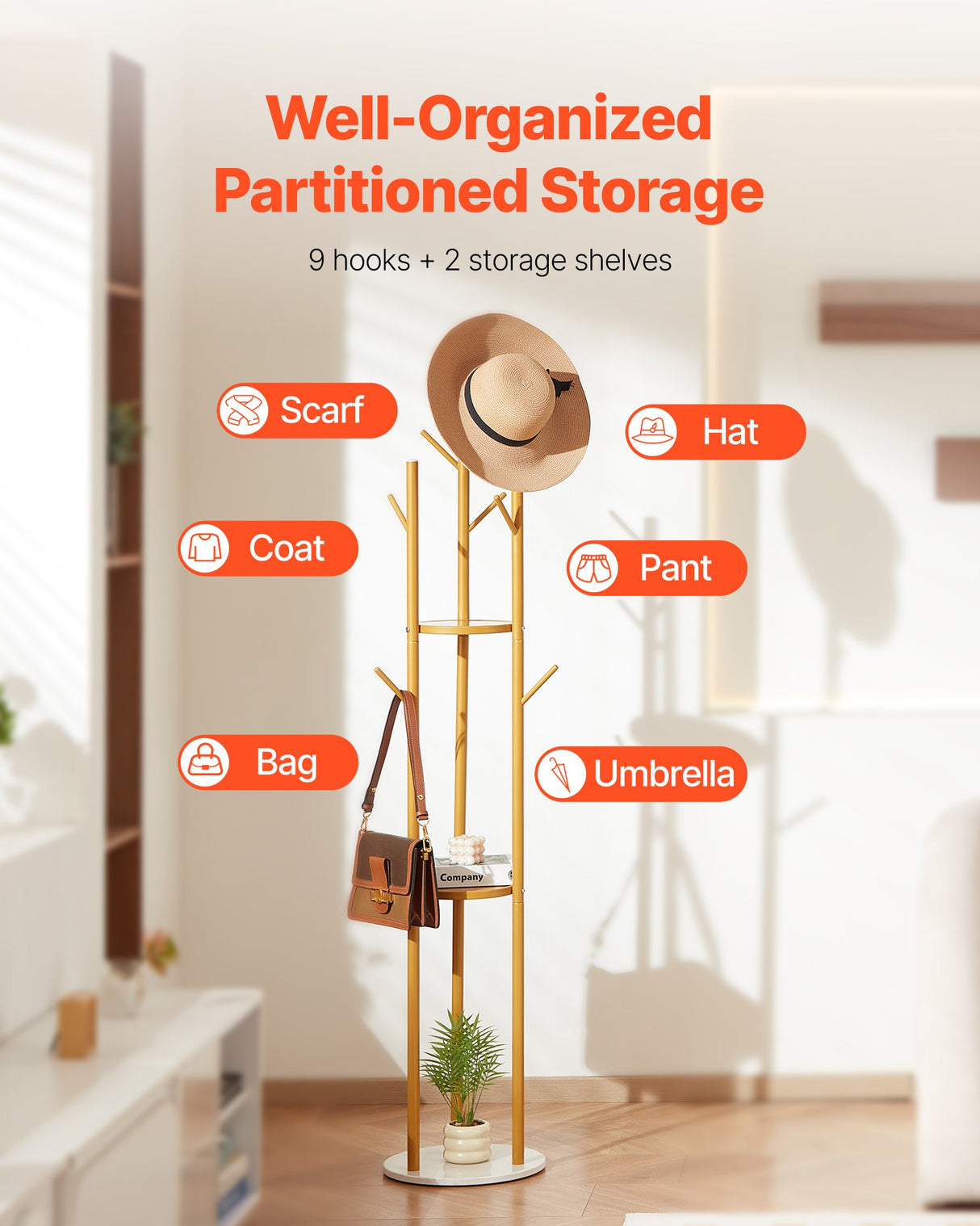 Coat Rack, Freestanding Coat Rack Stand with Quartz Stone Base & 9 Hooks, Free Standing Hall Coat Tree for Entryway, Bedroom, Office, Living Room, Modern Clothes Hanger for Coat, Hat, Scarf, Bag