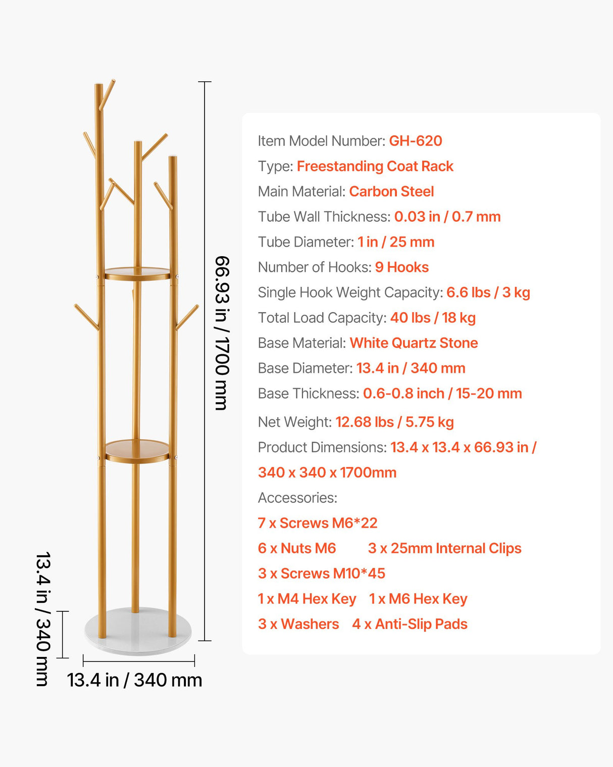 Coat Rack, Freestanding Coat Rack Stand with Quartz Stone Base & 9 Hooks, Free Standing Hall Coat Tree for Entryway, Bedroom, Office, Living Room, Modern Clothes Hanger for Coat, Hat, Scarf, Bag