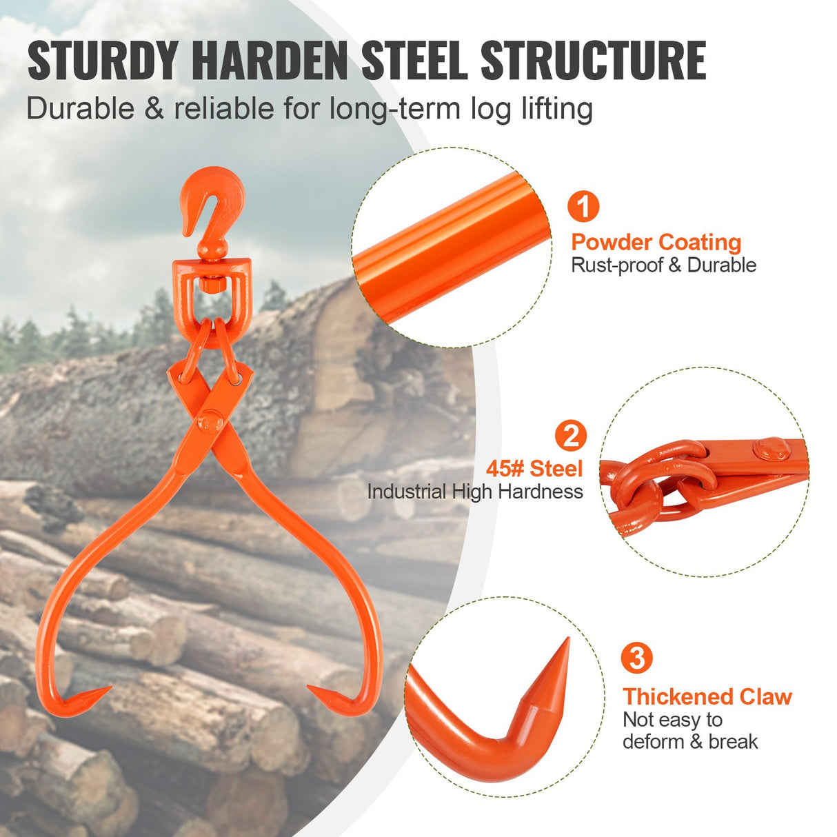 VEVOR Log Skidding Tongs, 45.7cm 2 Claw Log Lifting Tongs, Heavy Duty Rotating Steel Lumber Skidding Tongs, 350 kg Loading Capacity, Log Lifting,