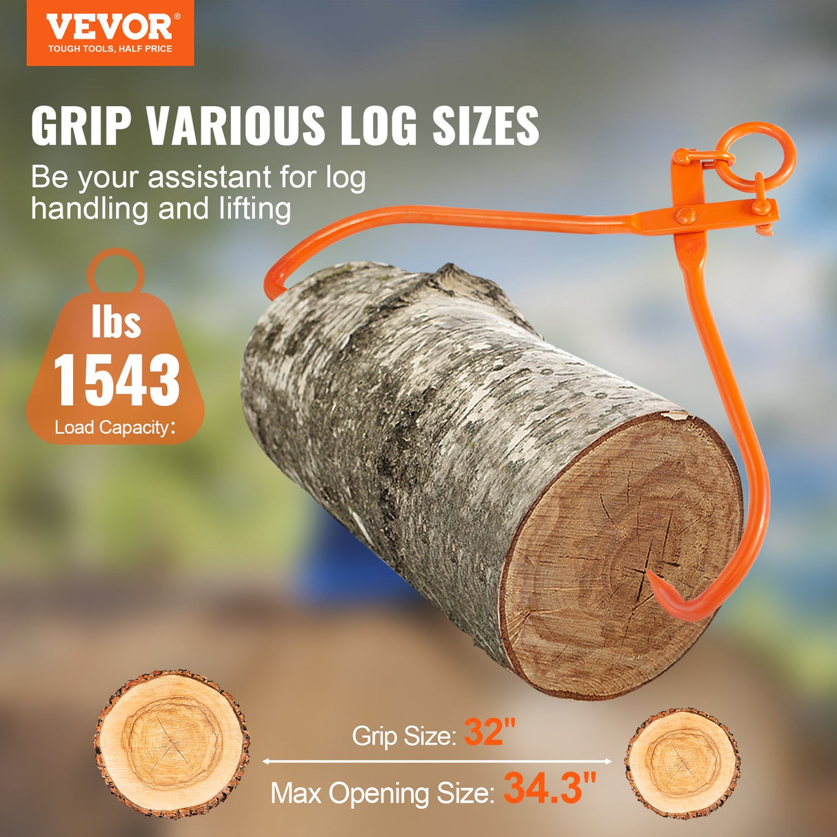 VEVOR Log Skidding Tongs, 81.3cm 2 Claw Log Lifting Tongs, Heavy Duty Steel Lumber Skidding Tongs, 700 kg Loading Capacity, Log Lifting, Handling,