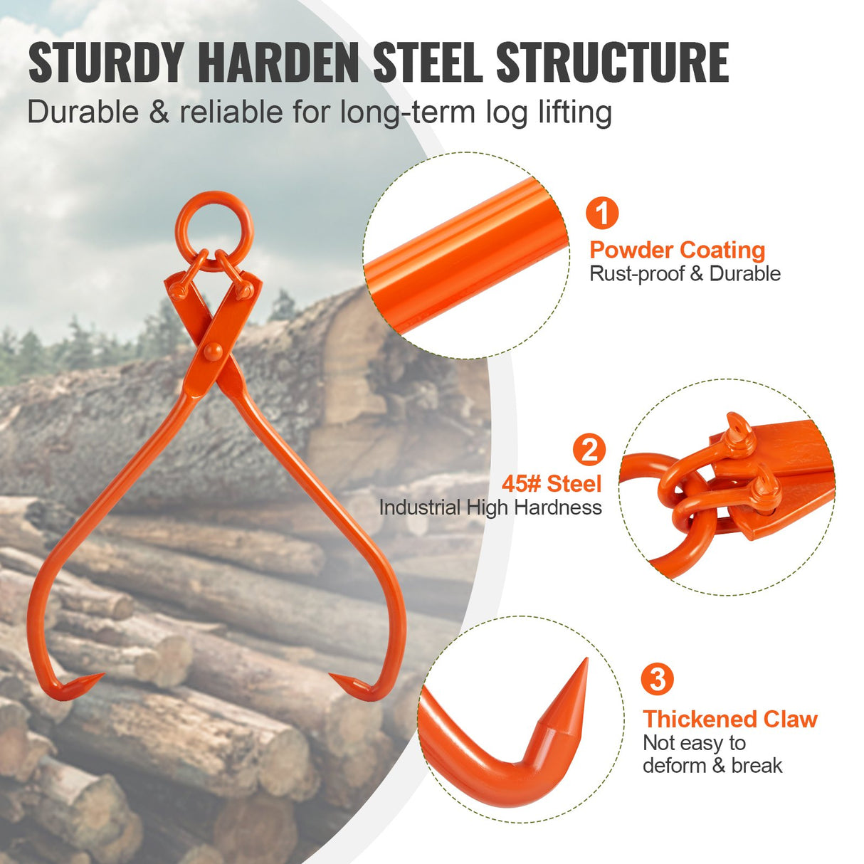 VEVOR Log Skidding Tongs, 81.3cm 2 Claw Log Lifting Tongs, Heavy Duty Steel Lumber Skidding Tongs, 700 kg Loading Capacity, Log Lifting, Handling, Dragging & Carrying Tool