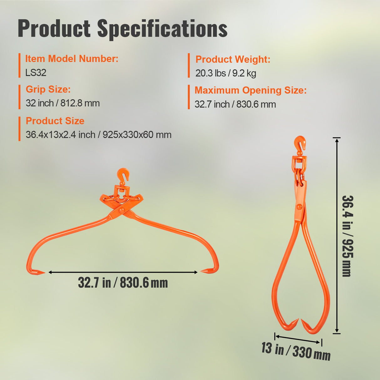 VEVOR Log Skidding Tongs, 81.3cm 2 Claw Log Lifting Tongs, Heavy Duty Rotating Steel Lumber Skidding Tongs, 700 kg Loading Capacity, Log Lifting,